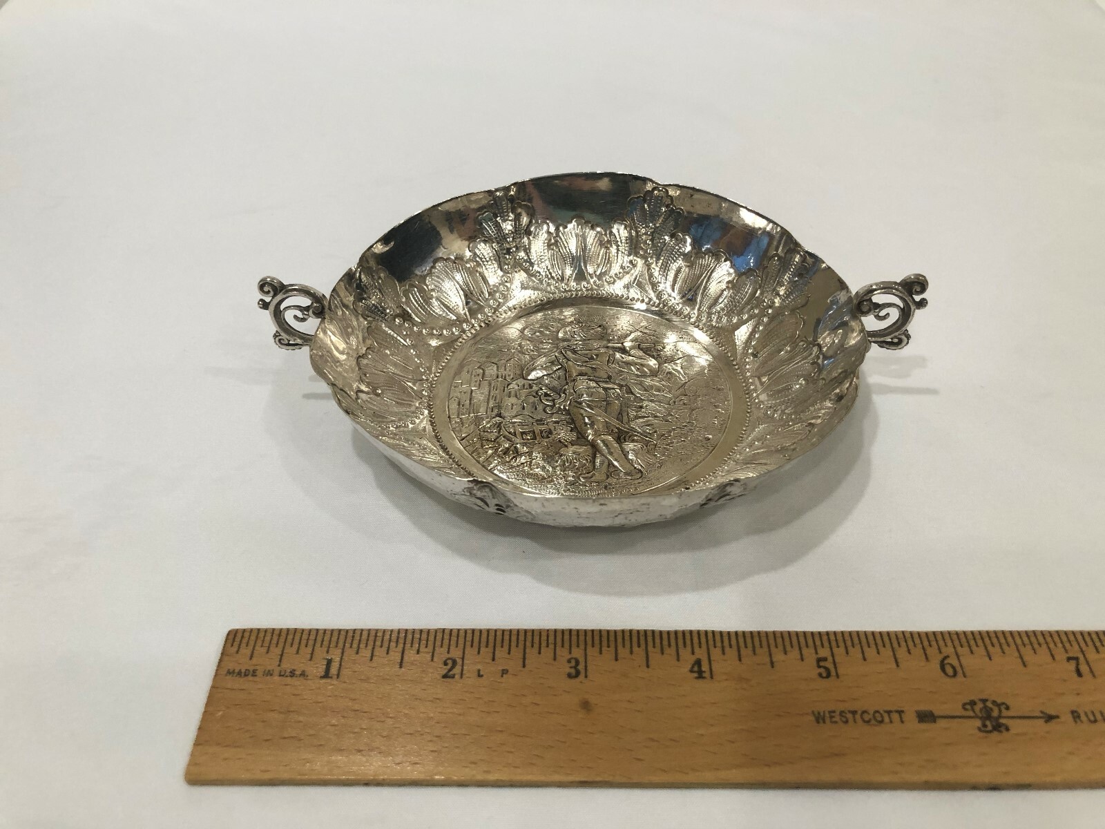 Hanau Sterling Silver Folk Scene of Piper Bowl/Wine Taster Germany c. 1900