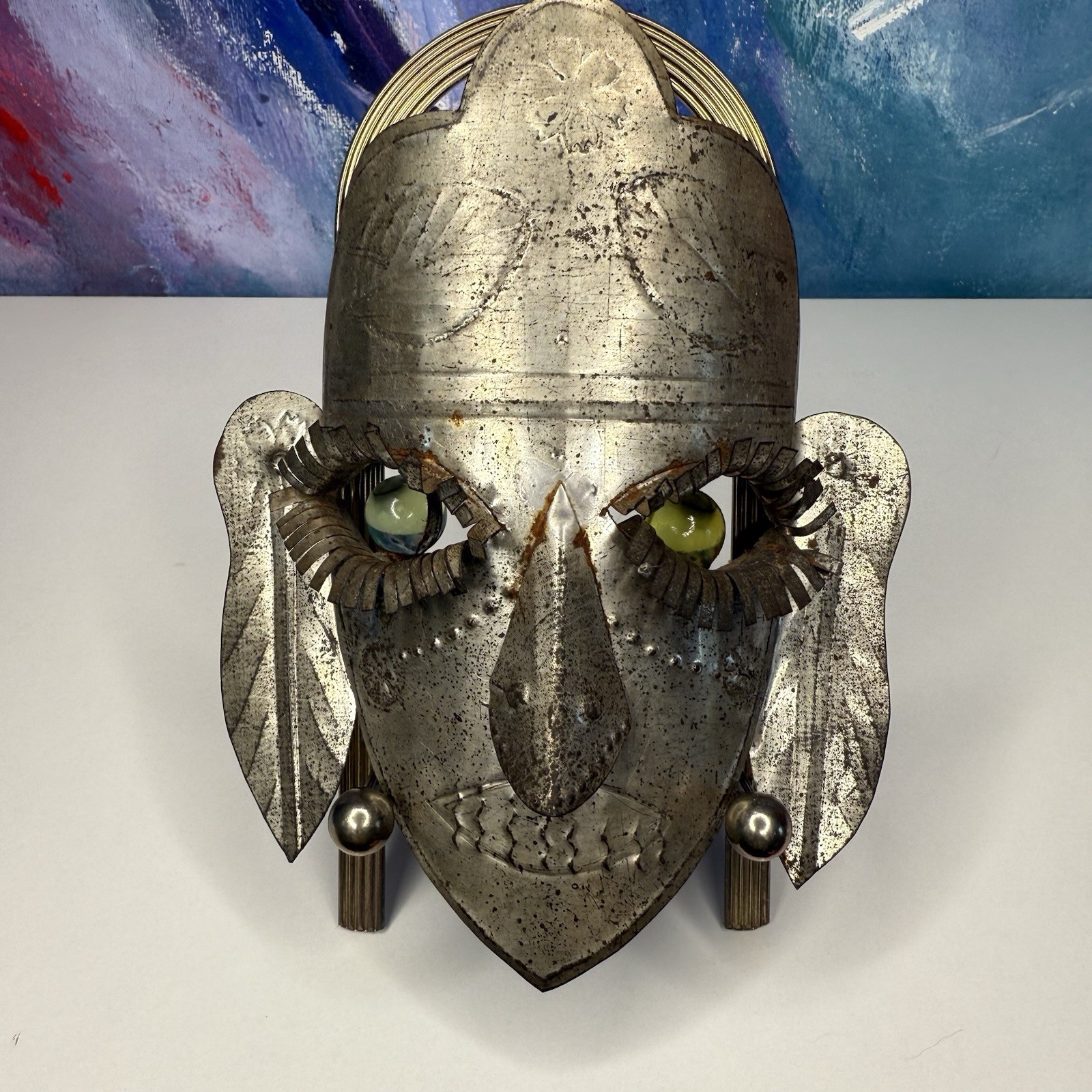 Mexican Tin Folk Art Face Mask Green Glass Eyes Wall Hanging Vintage Cultural