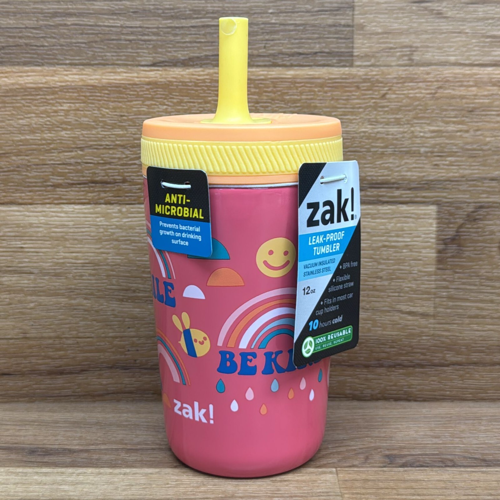 Zak! Everyday Smiles Leak Proof BPA Free Antimicrobial 12 Oz Stainless Steel Cup