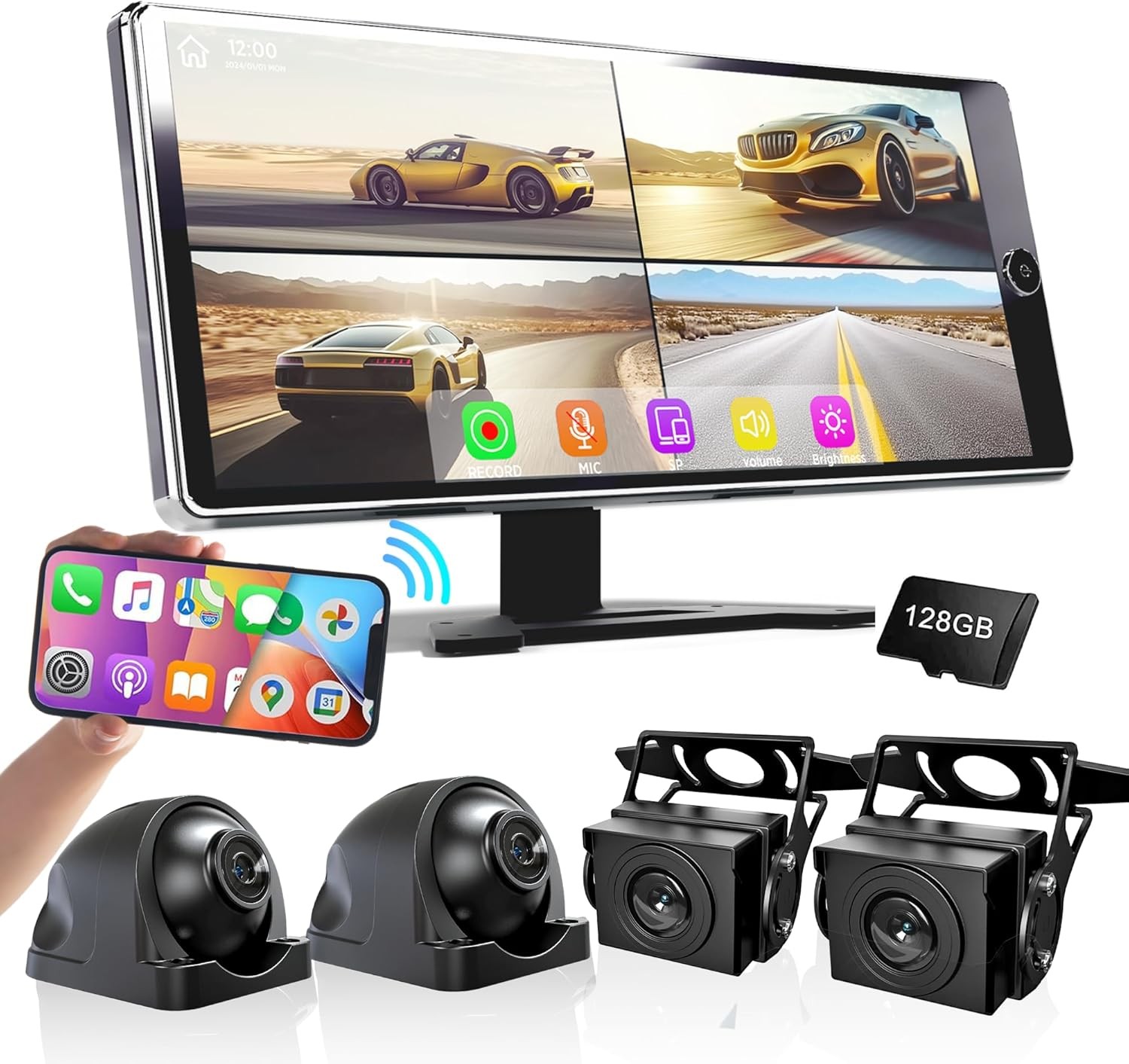 Wireless CarPlay Screen 10.36"  for Car & 4K 4CH Dash Cam with Android Auto