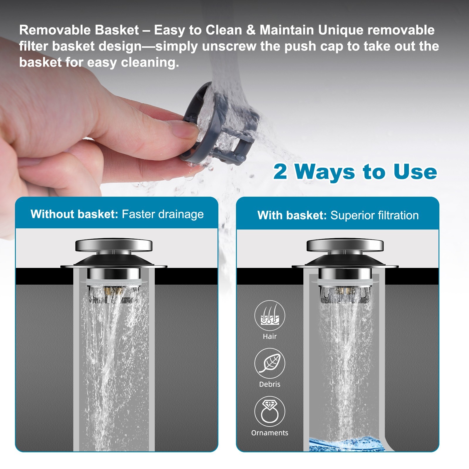 Universal Pop Up Tub Stopper, Bathtub Drain Hair Catcher Removable Filter Basket