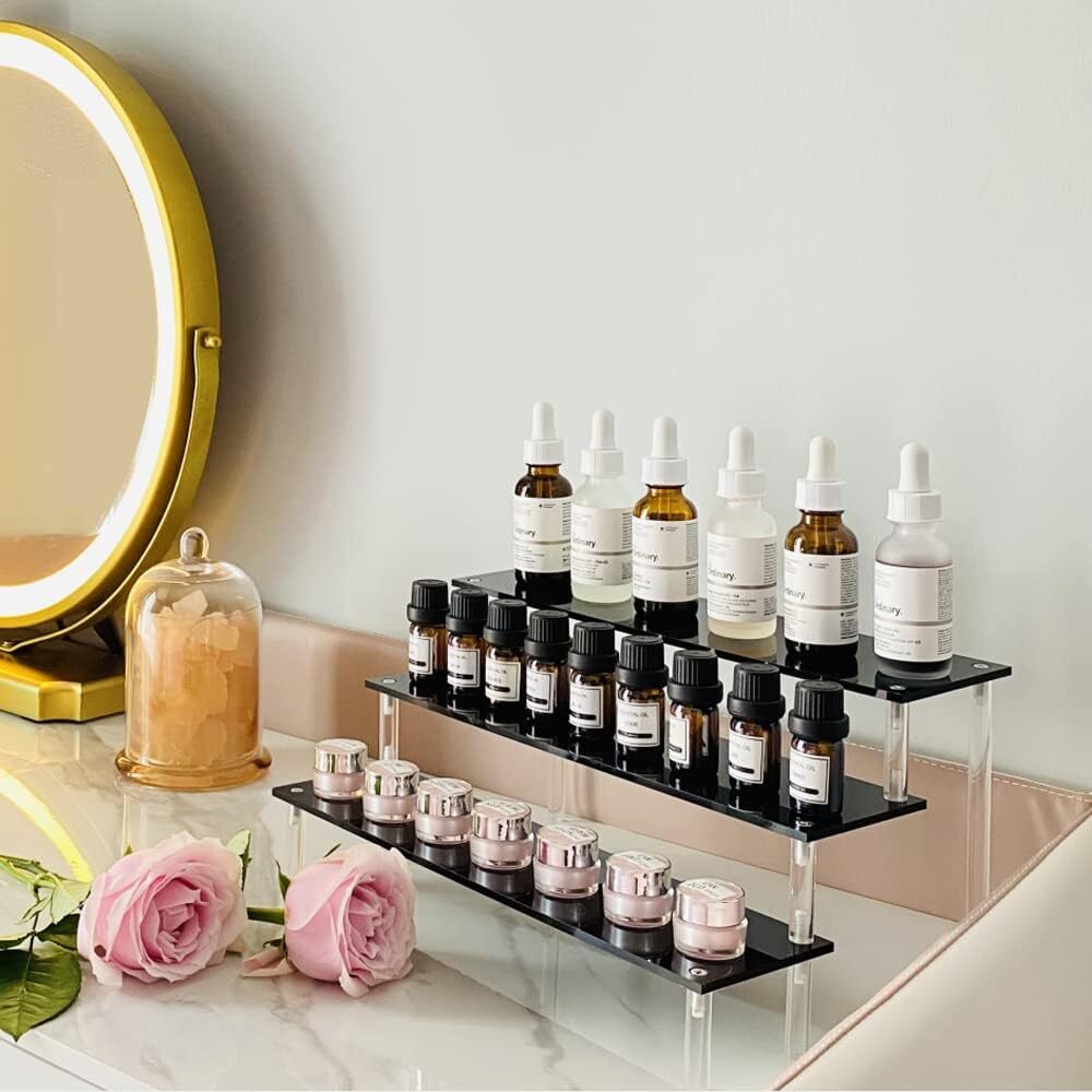 Black Acrylic Shelf Riser 3 Tier Perfume Organizer Cologne Display Stand Large