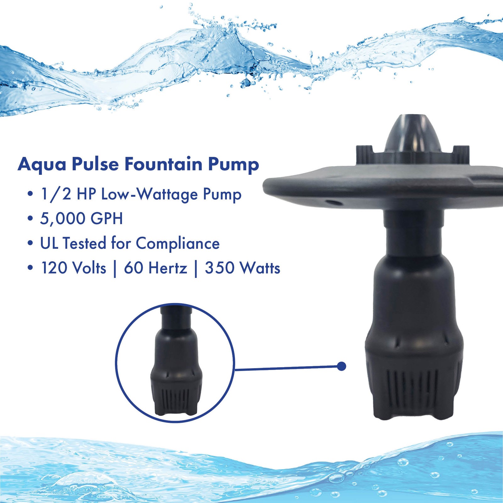 Aerating Pond Fountain, 1/2 HP, 5,000 GPH, 3 Patterns, 100' Cord