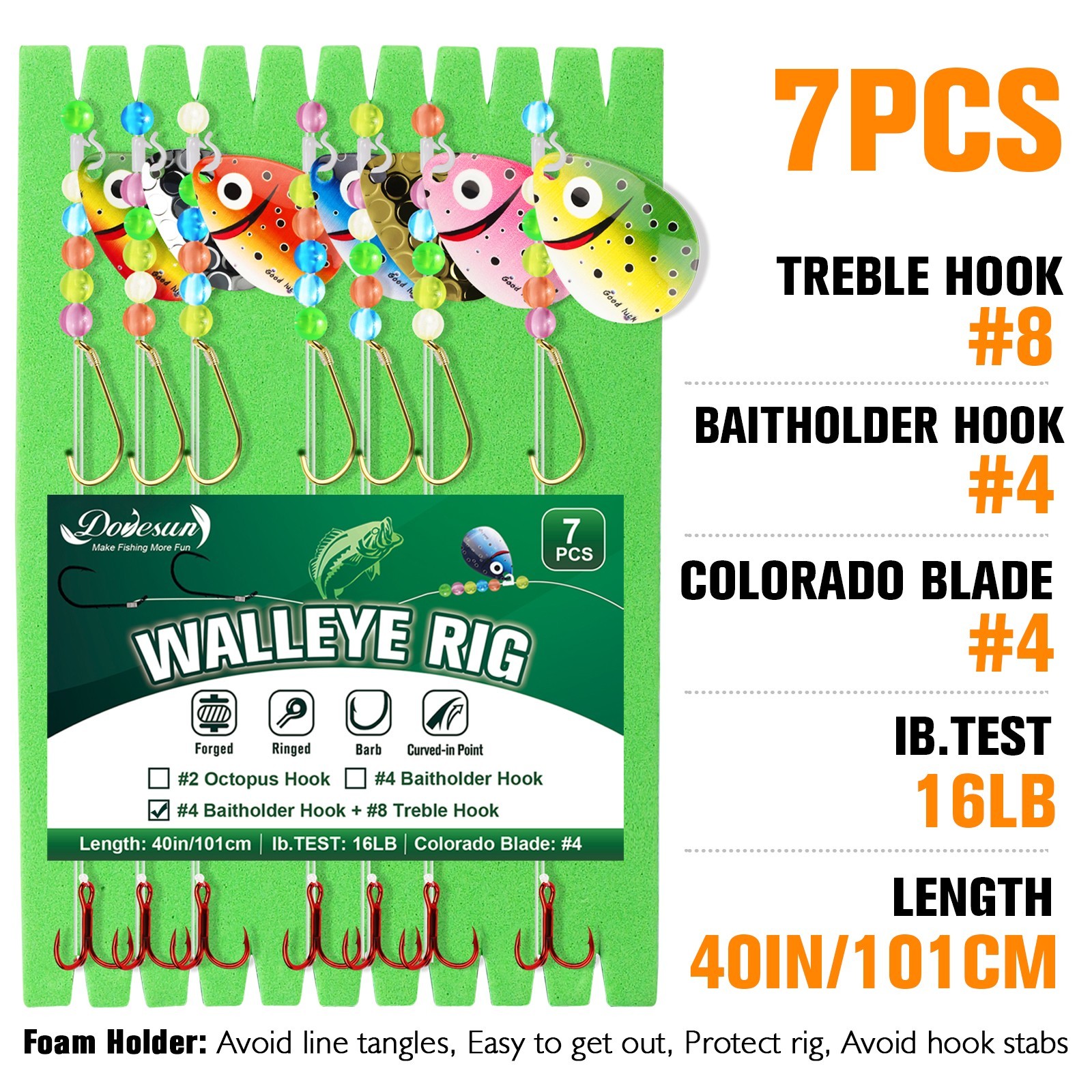 Walleye Rig with #4 Baitholder #8 Treble Hook, Spinner Rig Crawler Harness 7PCS