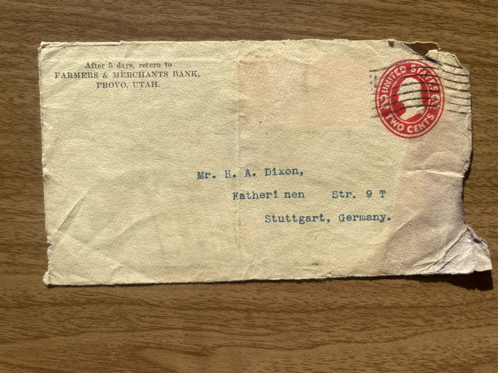 Cover Provo Utah to Germany 2c Washington Farmers & Merchants Bank