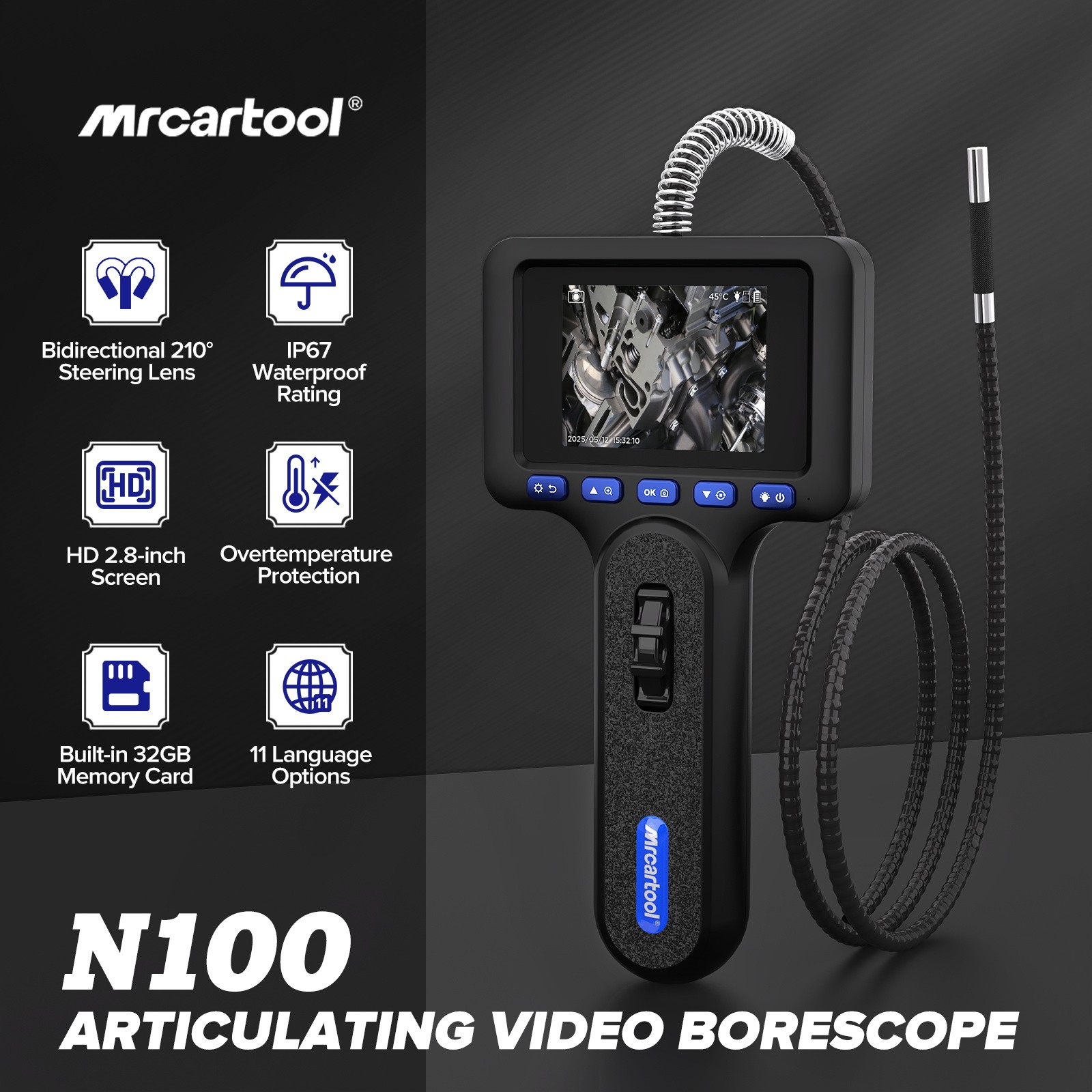 Industrial Camera 2 way 210° Borescope Endoscope with Lights Inspection Camera