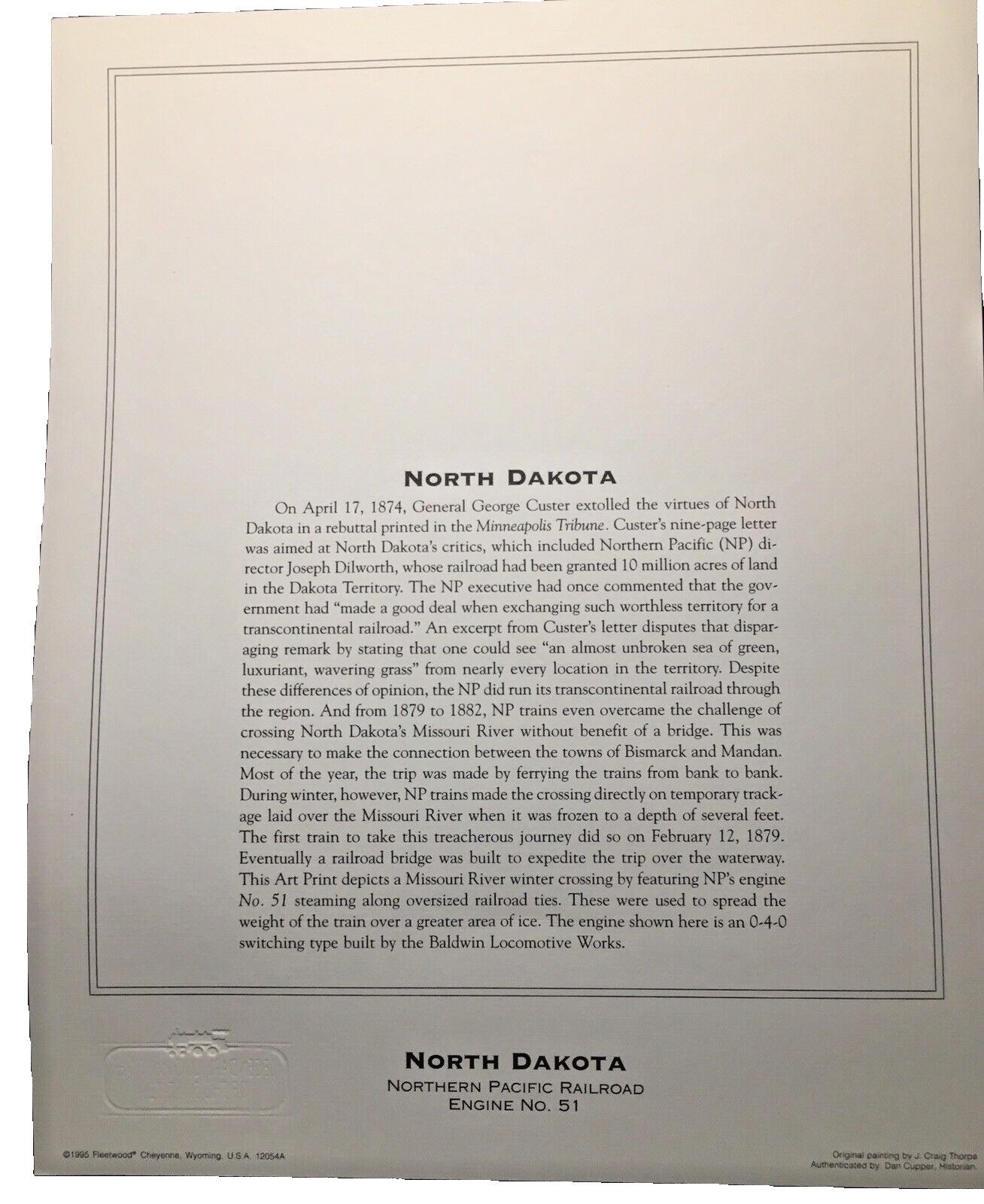 Vtg. North Dakota Northern Pacific Railroad Engine No. 51 Print Fleetwood 1994