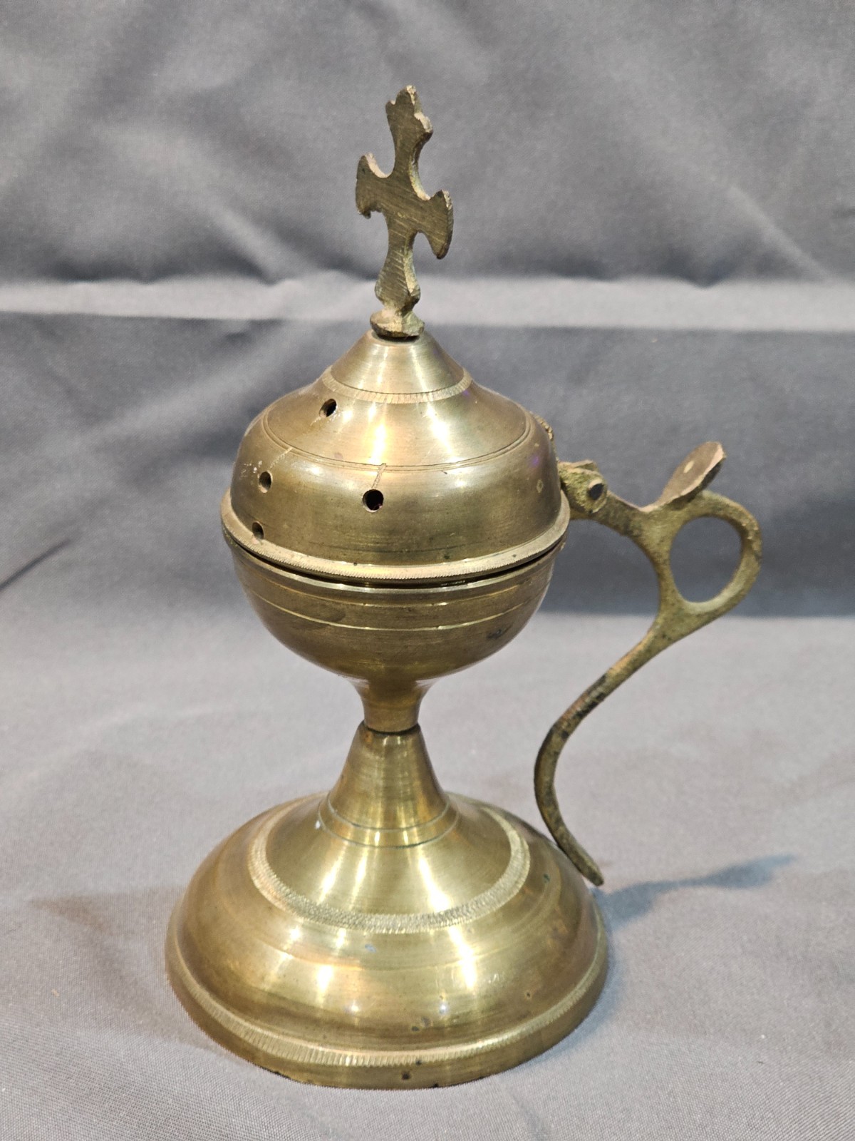 Incense Censer Antique Spiritual Religious Incense Censer Cross on Lid 7"