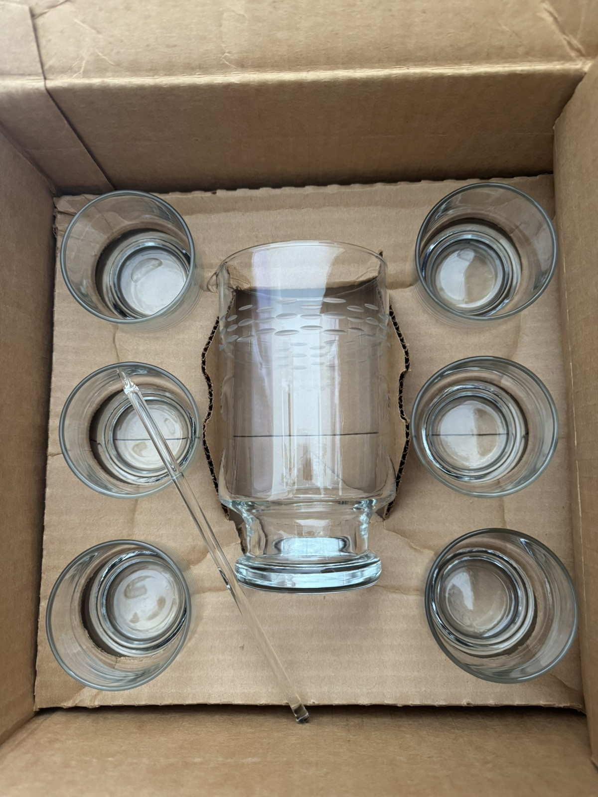 NIB Vintage Crystal Martini Set Pitcher 6 Glasses Swizzle Stick Princess House