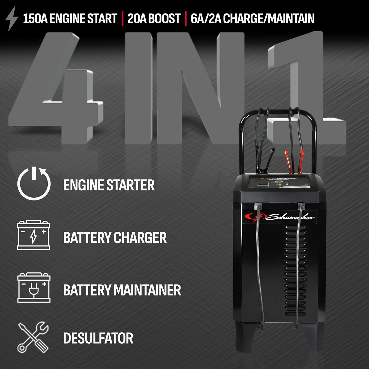 Wheeled Automatic 6A Car Battery Charger and 150A Engine Starter, 4-In-1 Solutio