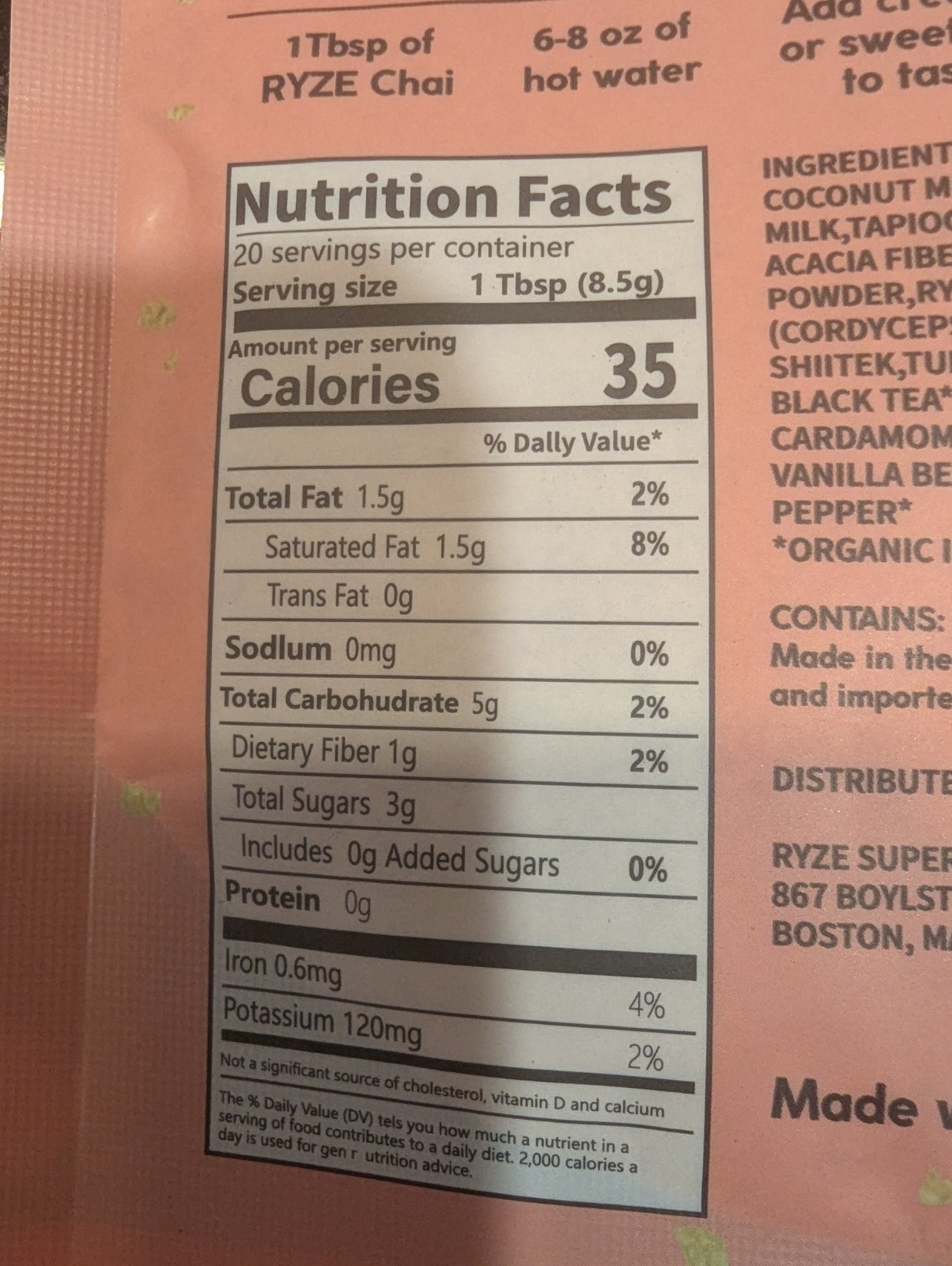 (1) RŸZE Mushroom Chai With 6 Adaptogenic Mushrooms Beverage Powder