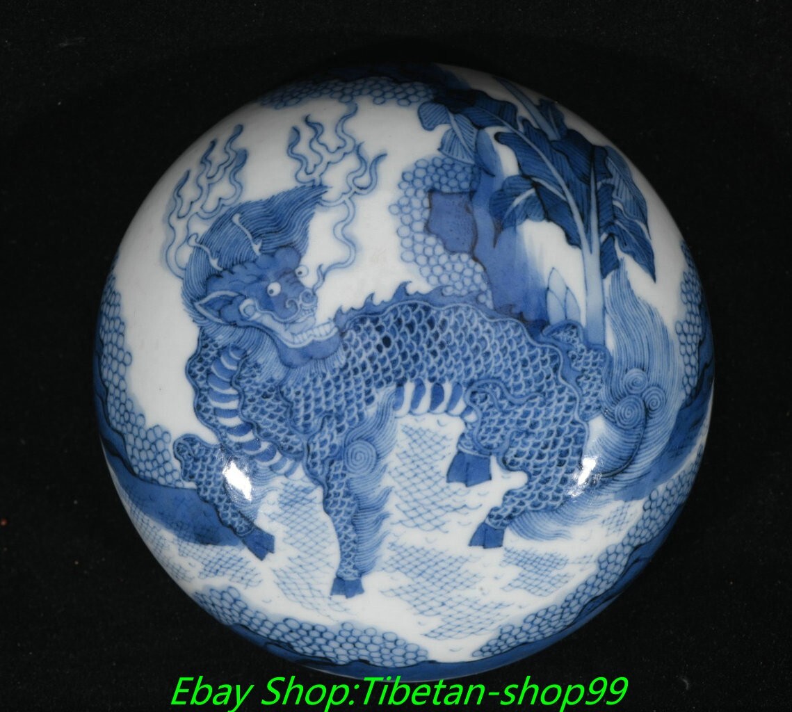 3.5''Qing Kangxi Marked Blue White Porcelain kylin Dragon unicorn Box Case