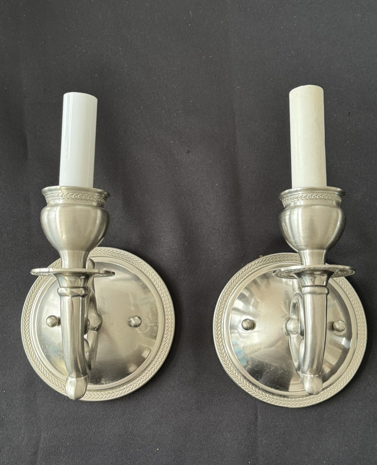 Vintage Pair Stately Pewter Silver Single Arm Wall Sconce Sconces Engraved