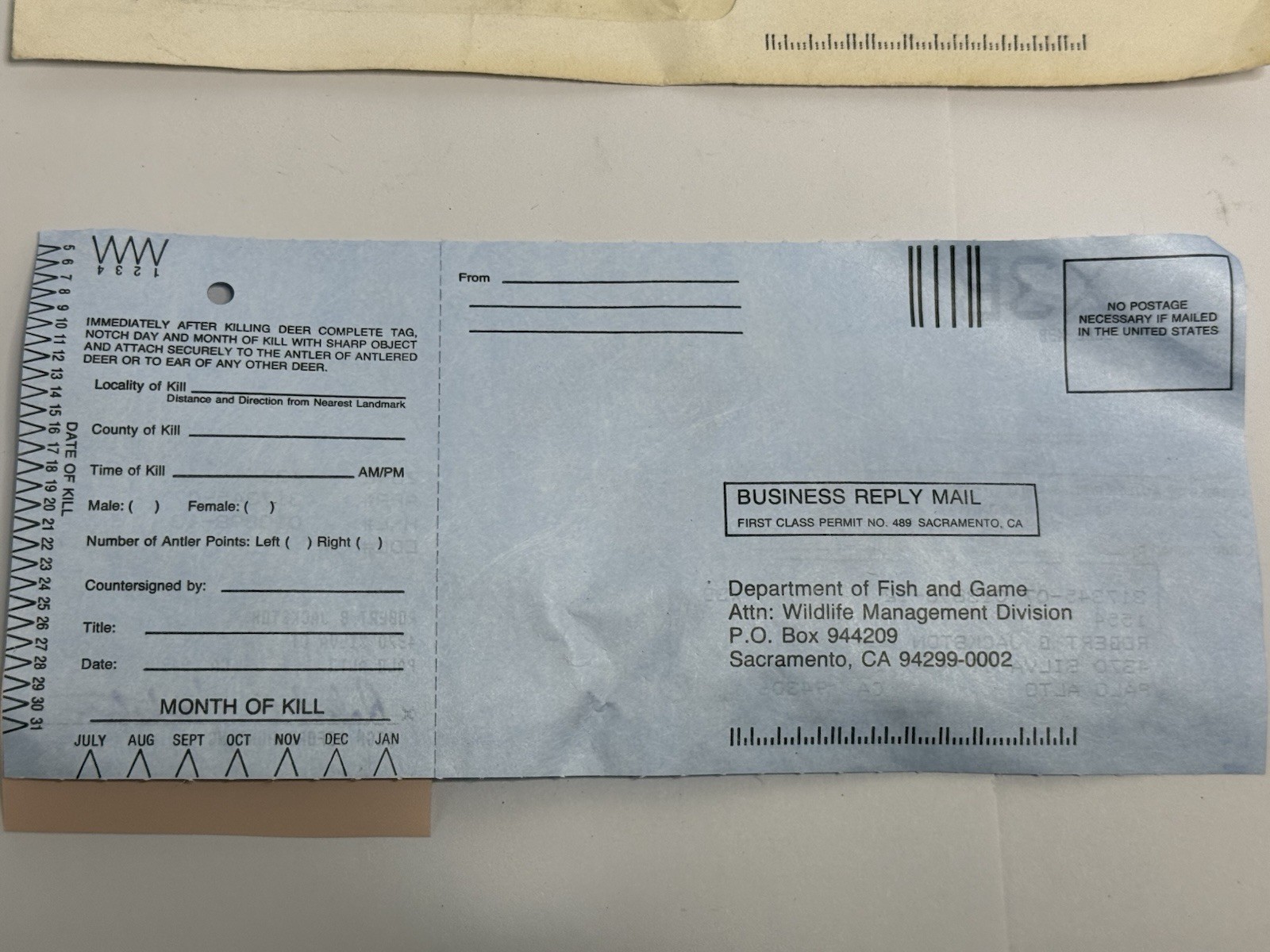Vintage 1990 California Mule Deer Hunting Tag / Permit Unpunched Unit X3B