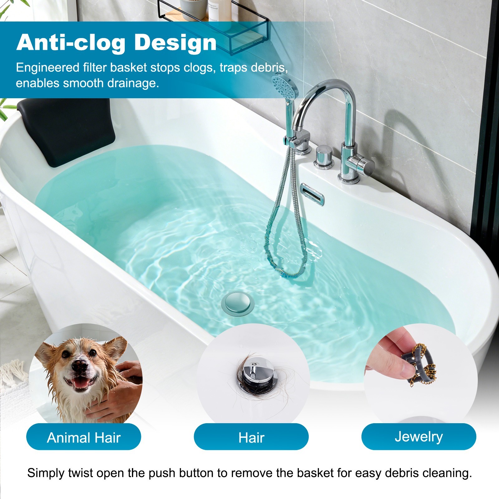Universal Pop Up Tub Stopper, Bathtub Drain Hair Catcher Removable Filter Basket