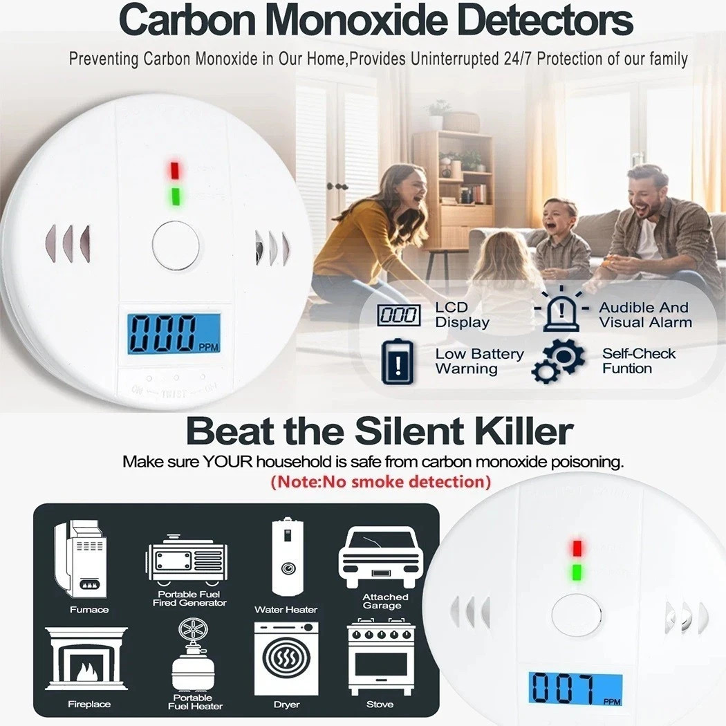 Carbon Monoxide Detector Warning Safety Alarm Sensor LED Digital Battery Powered