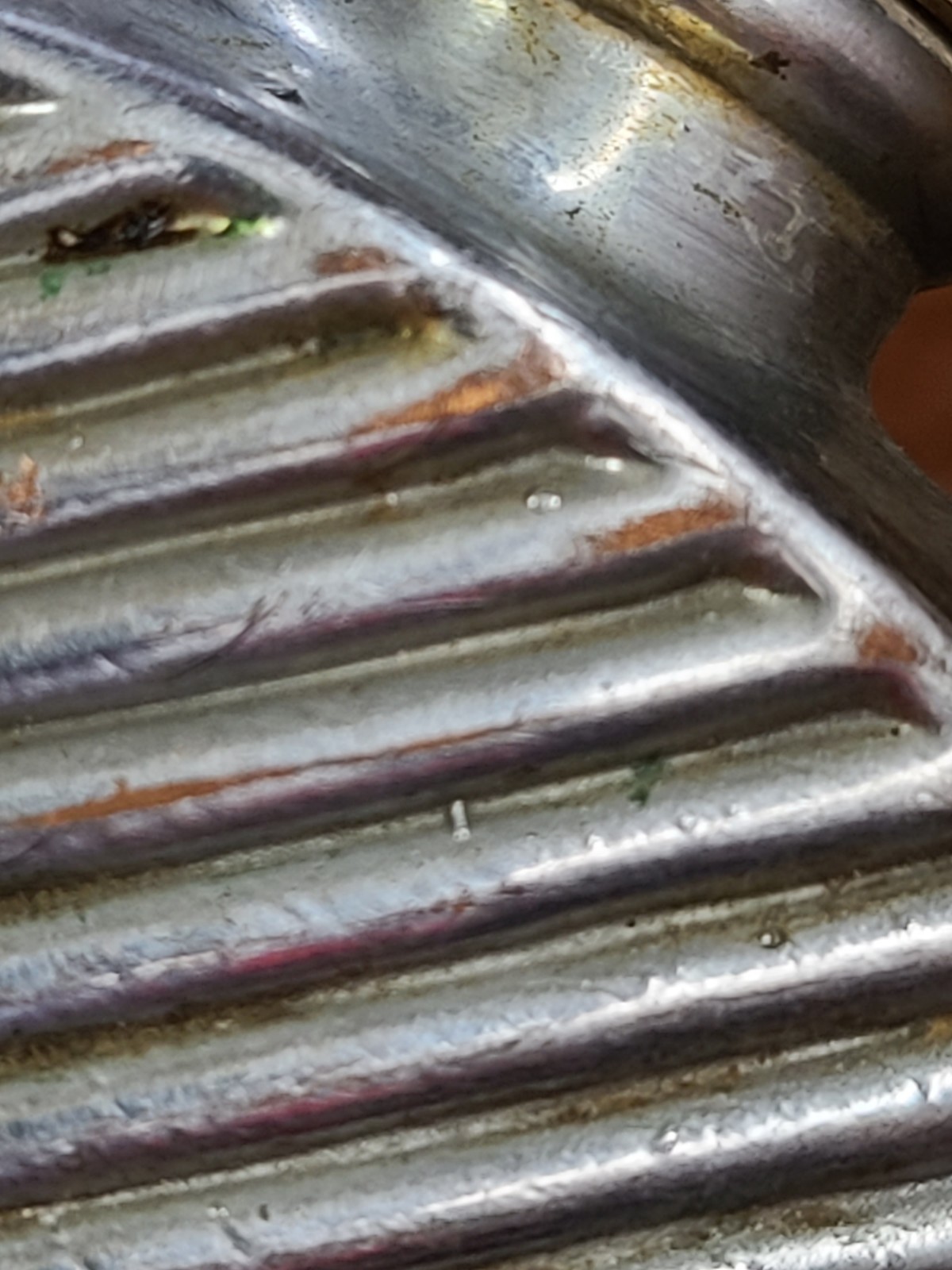 Antique Silver & Copper Plated Glass Ribbed Hip Flask 5-3/8" Tall Vintage