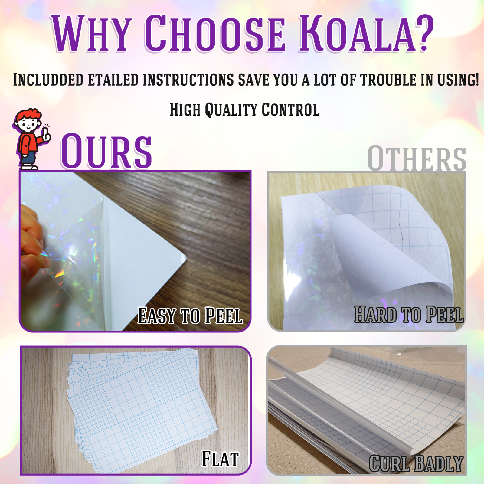 25 Mixed Koala Holographic Sticker Paper Clear Self-Adhesive Laminating Overlay
