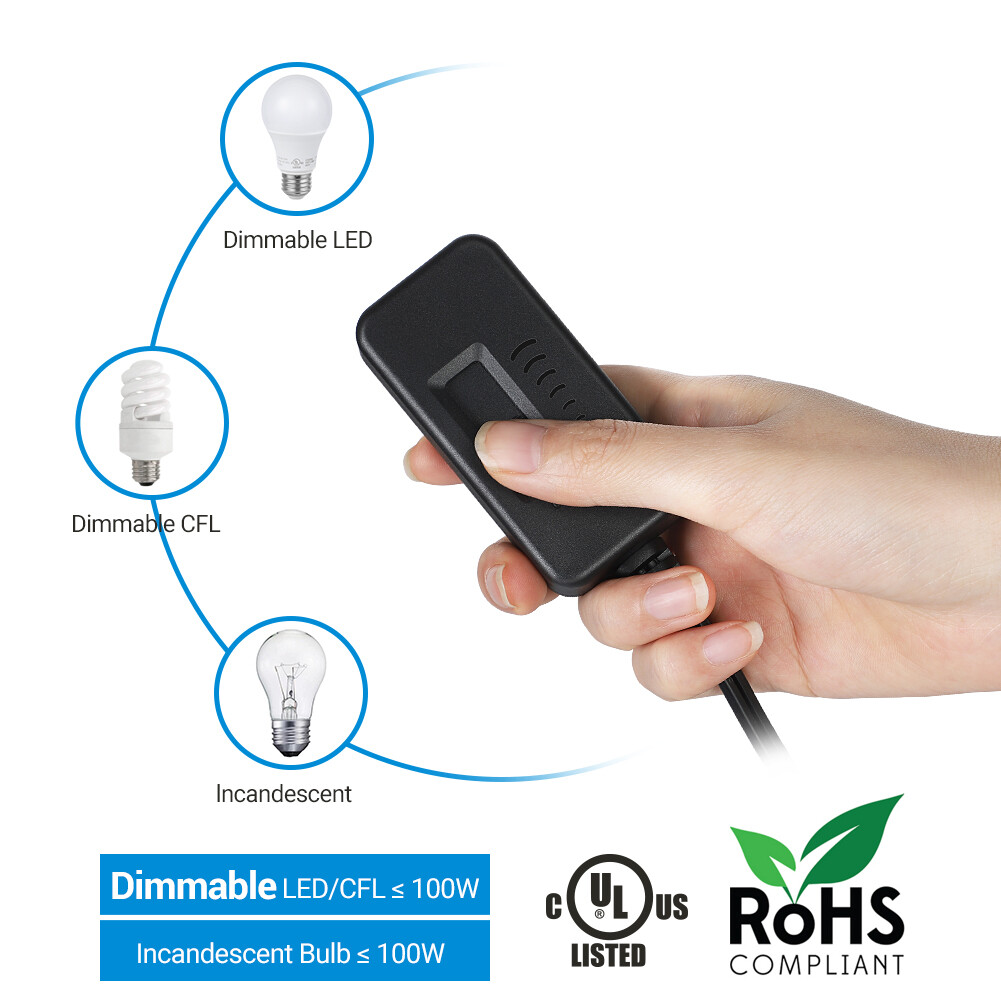 DEWENWILS Plug in Light Dimmer Switch For Dimmable LED Lights 6.6 ft Cord Black