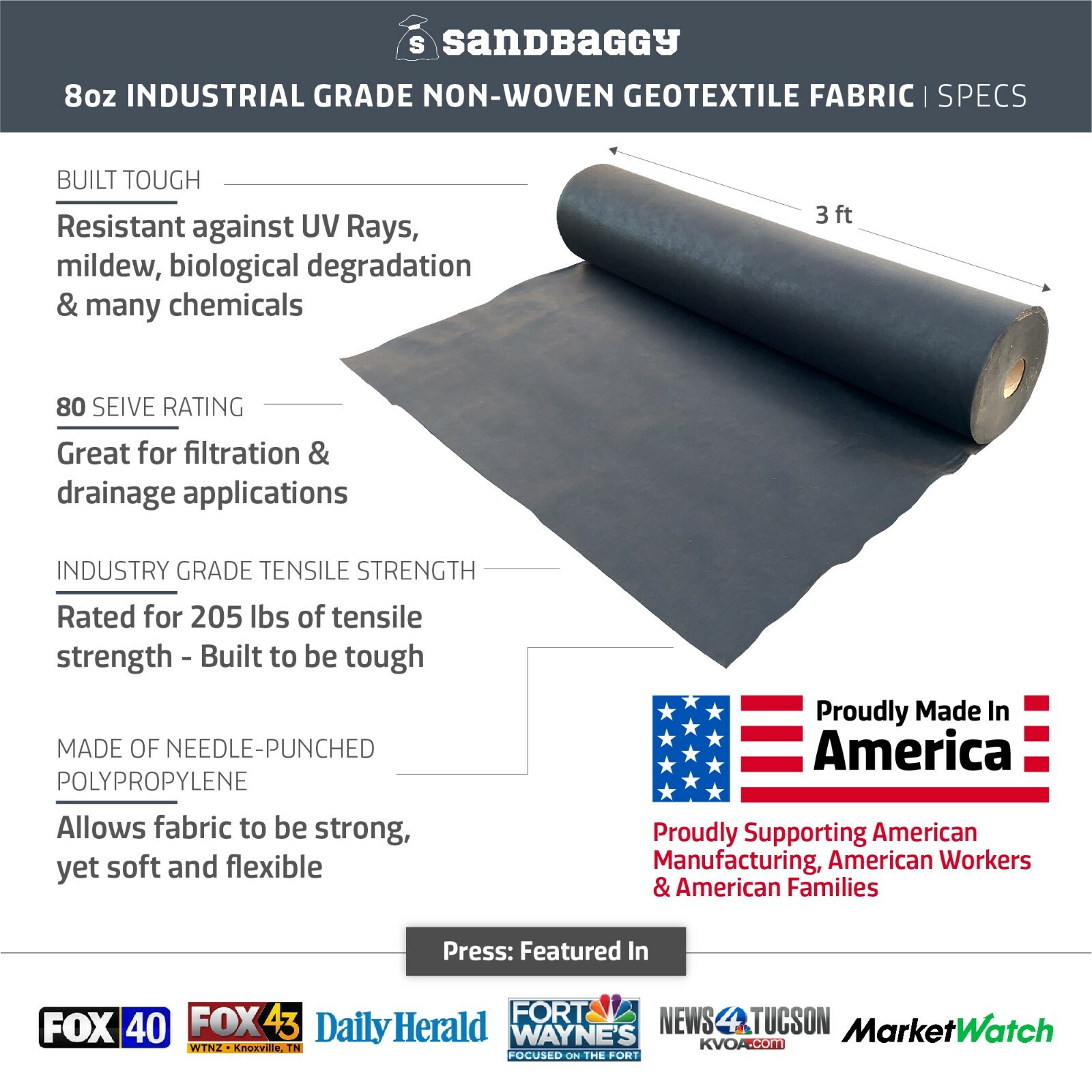 Sandbaggy Non Woven 8 oz Geotextile Landscape Fabric | 50 YEAR* | MADE IN USA