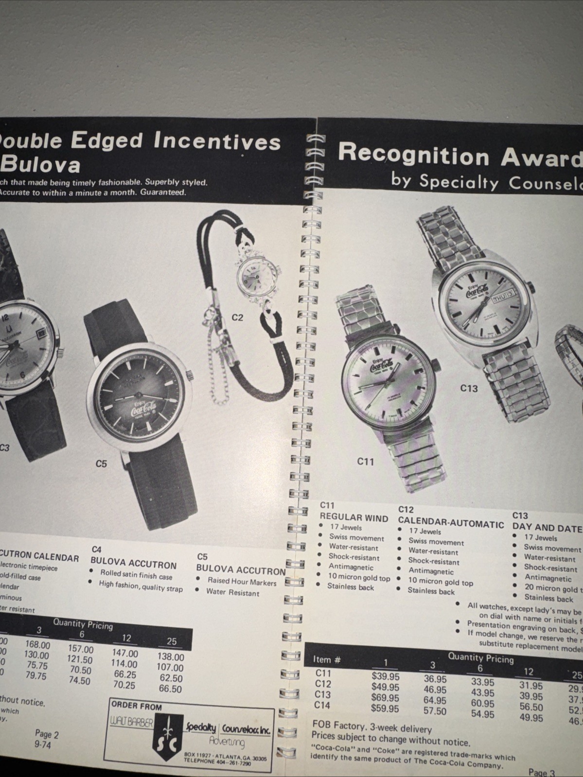 1974 Walt Barber Specialty Advertising Coca Cola Promotional Employee Gift