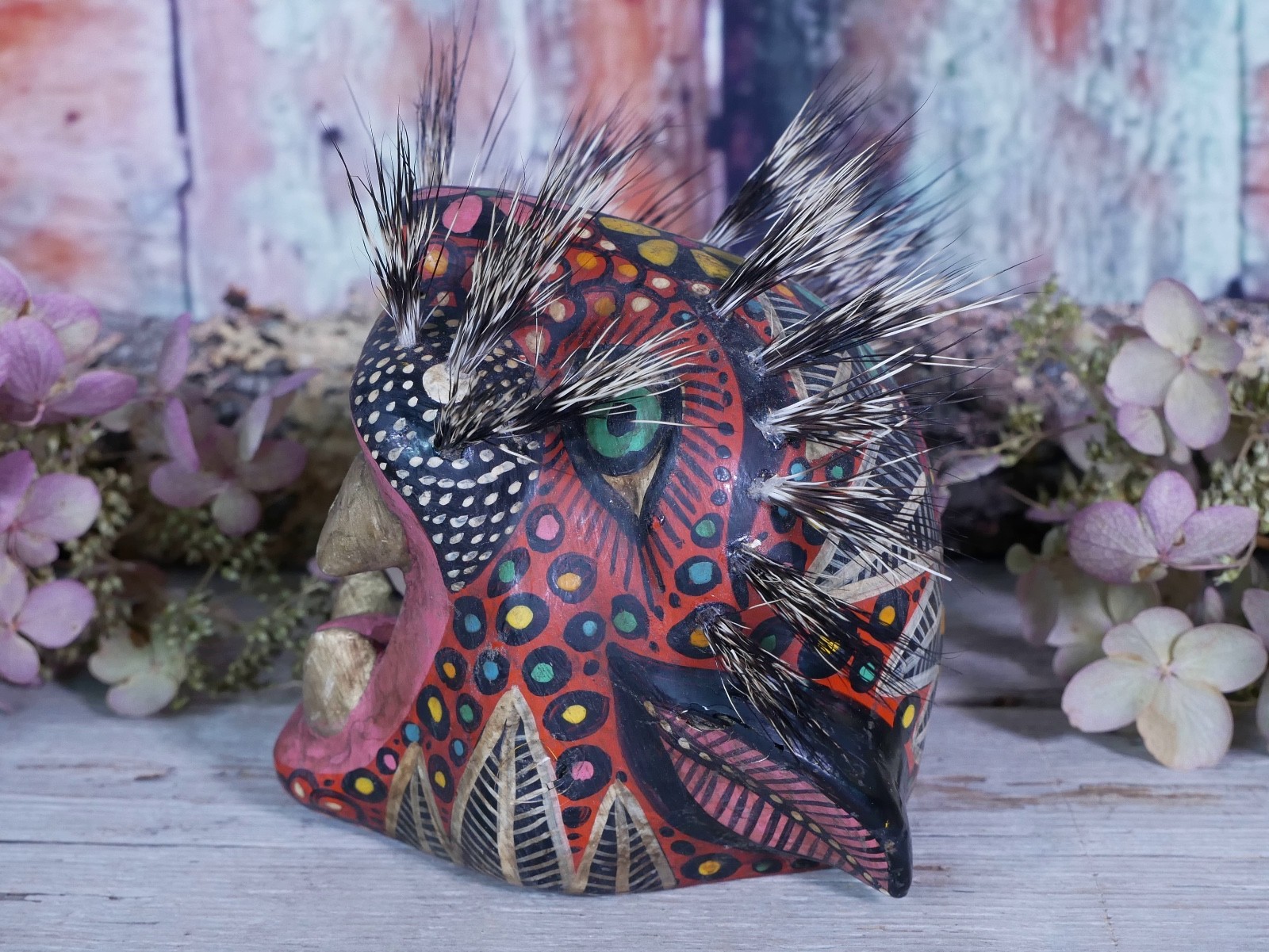 Leopard Jaguar Mask Wood & Boar Hair Whiskers Handmade Nahua Mexican Folk Art Sm