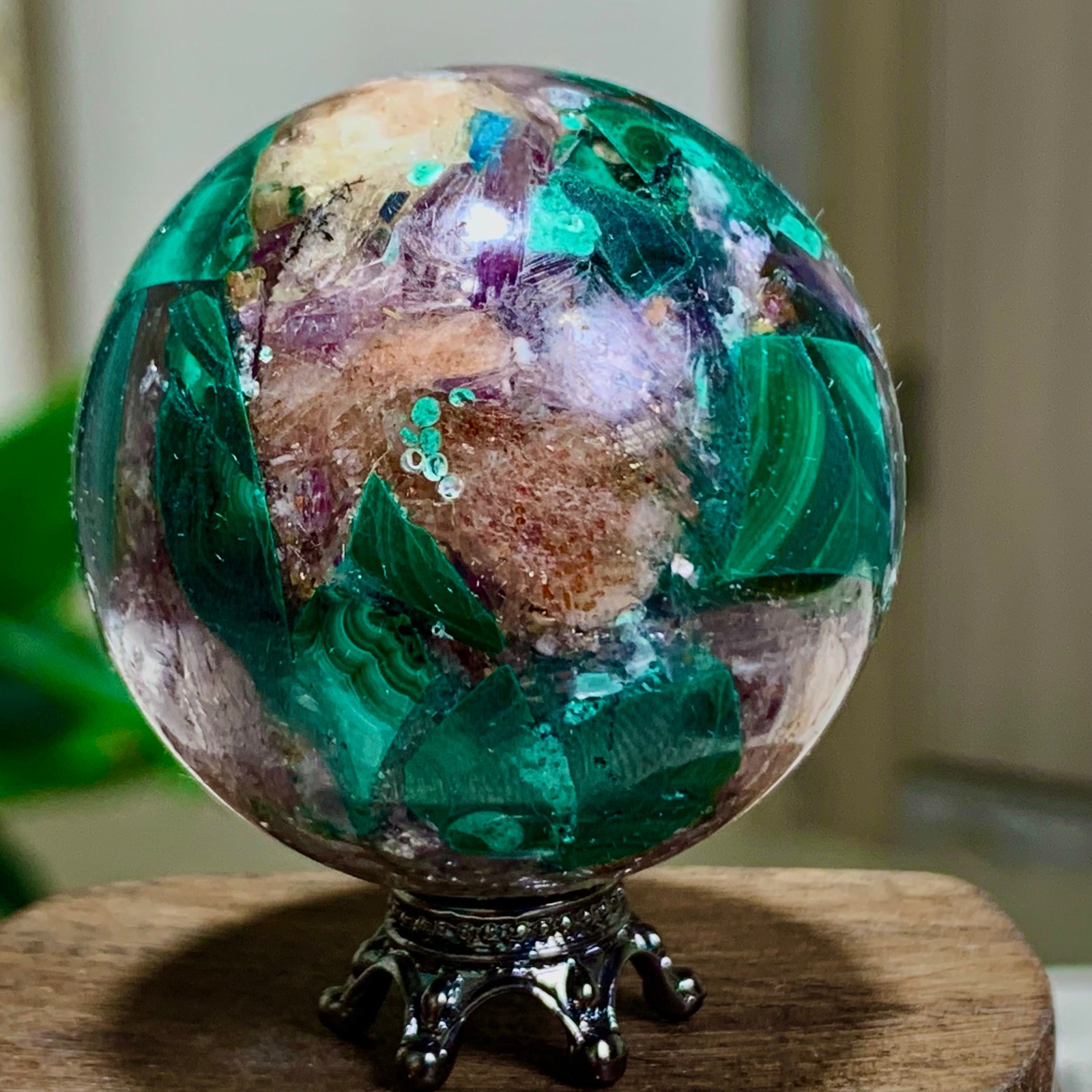 84G Newly discovered rare malachite purple mica symbiotic sphere restoration