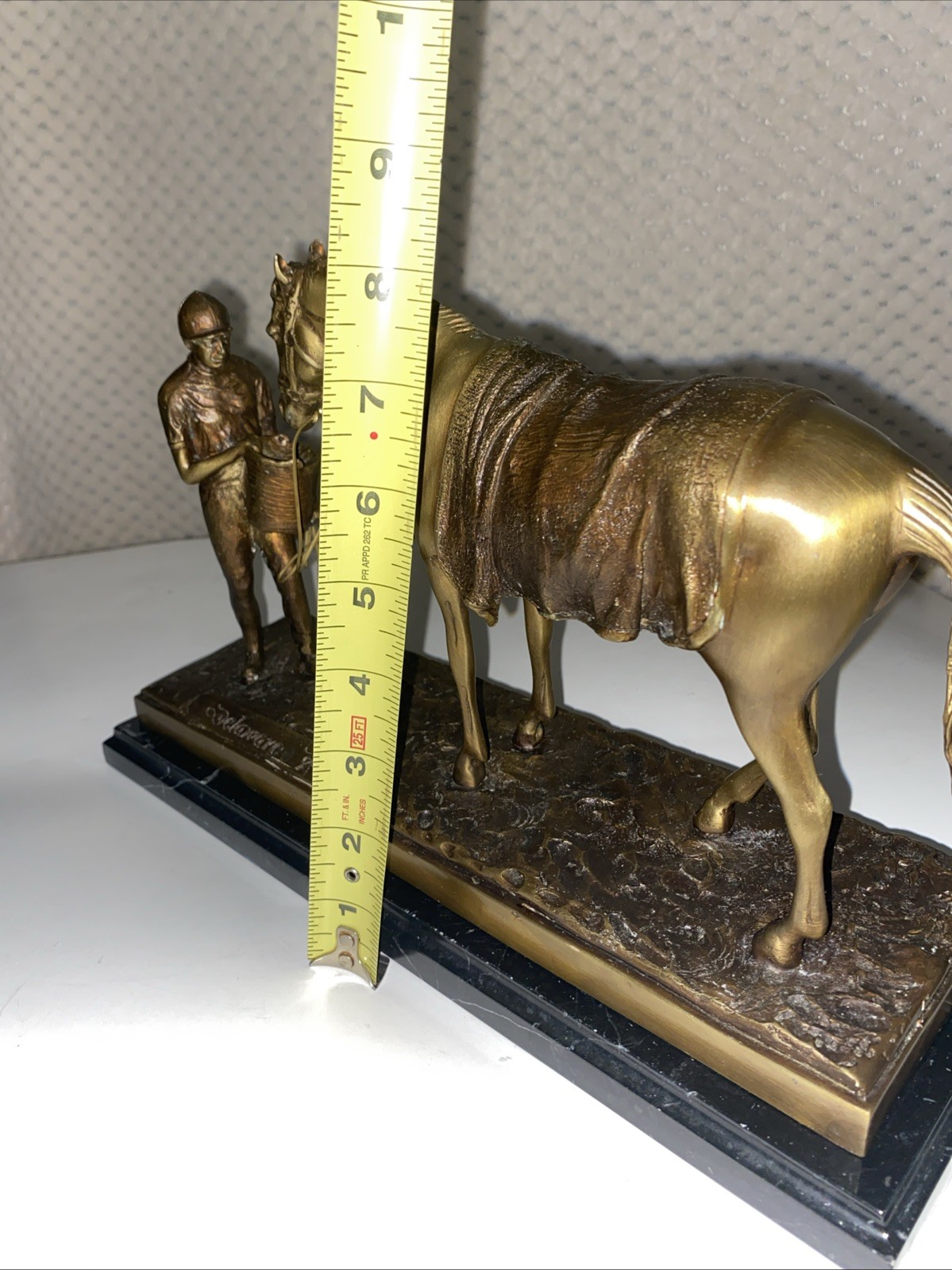 Delaware Park Bronze Sculpture Feeding Horse with Jockey on Marble Base Vintage