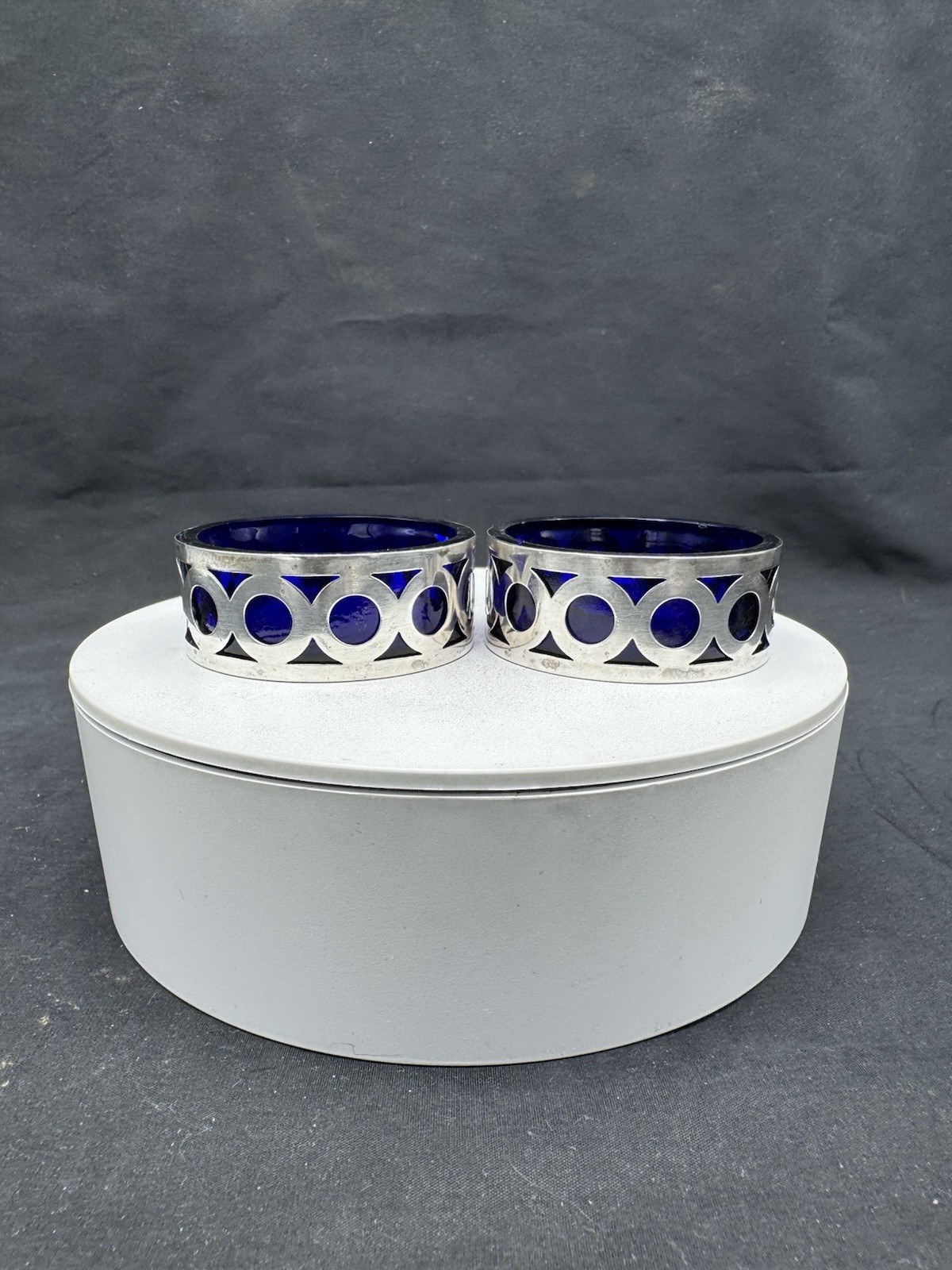 Pair of Vintage Sterling Silver Cobalt Glass Salt Cellars
