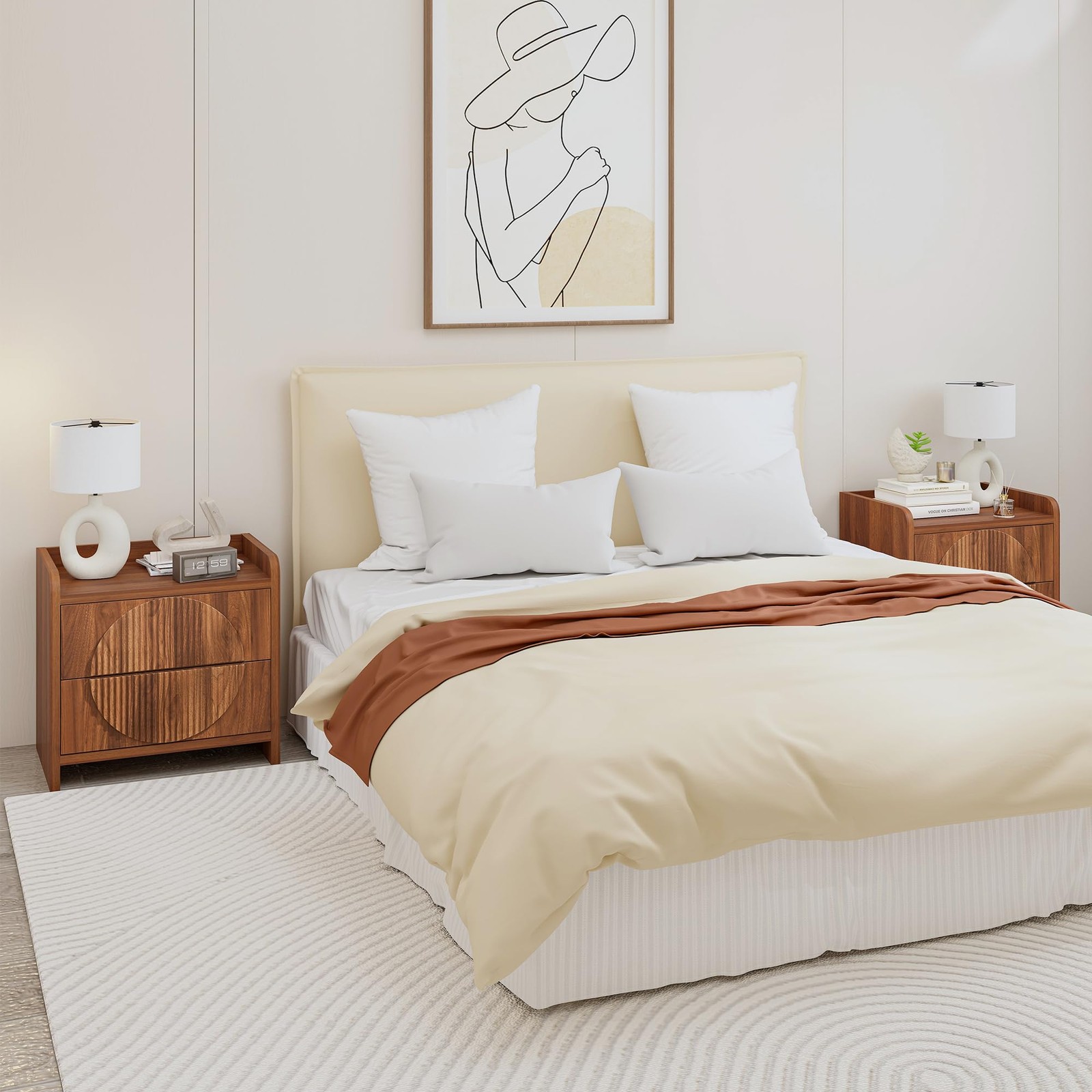 24 Inch Wide Fluted Nightstands Set of 2 Large Night Stand with 2 Drawers