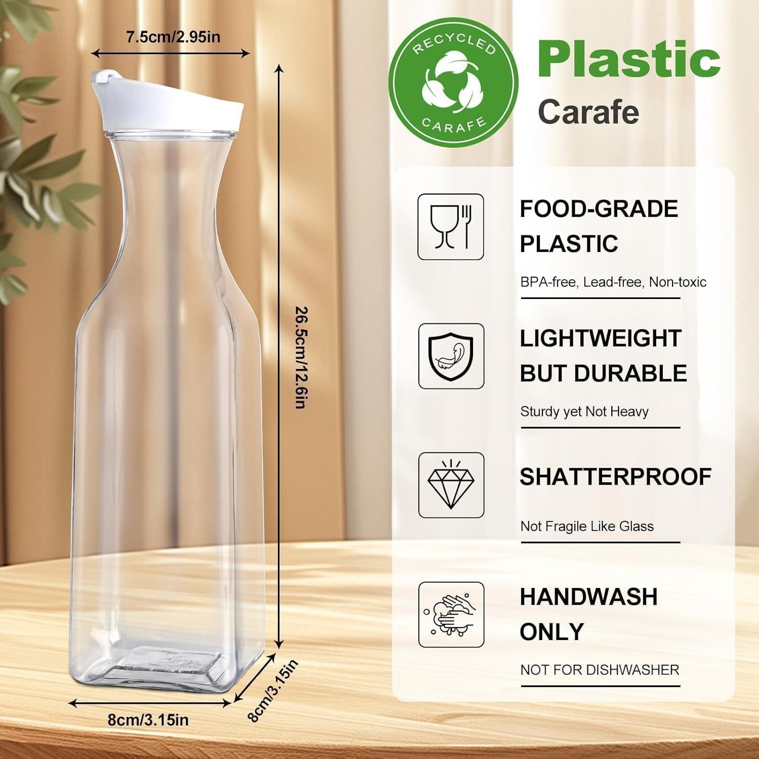 Set of 4 Plastic Carafe with Lid, 1 Liter Mimosa Bar Supplies, Large Square B...