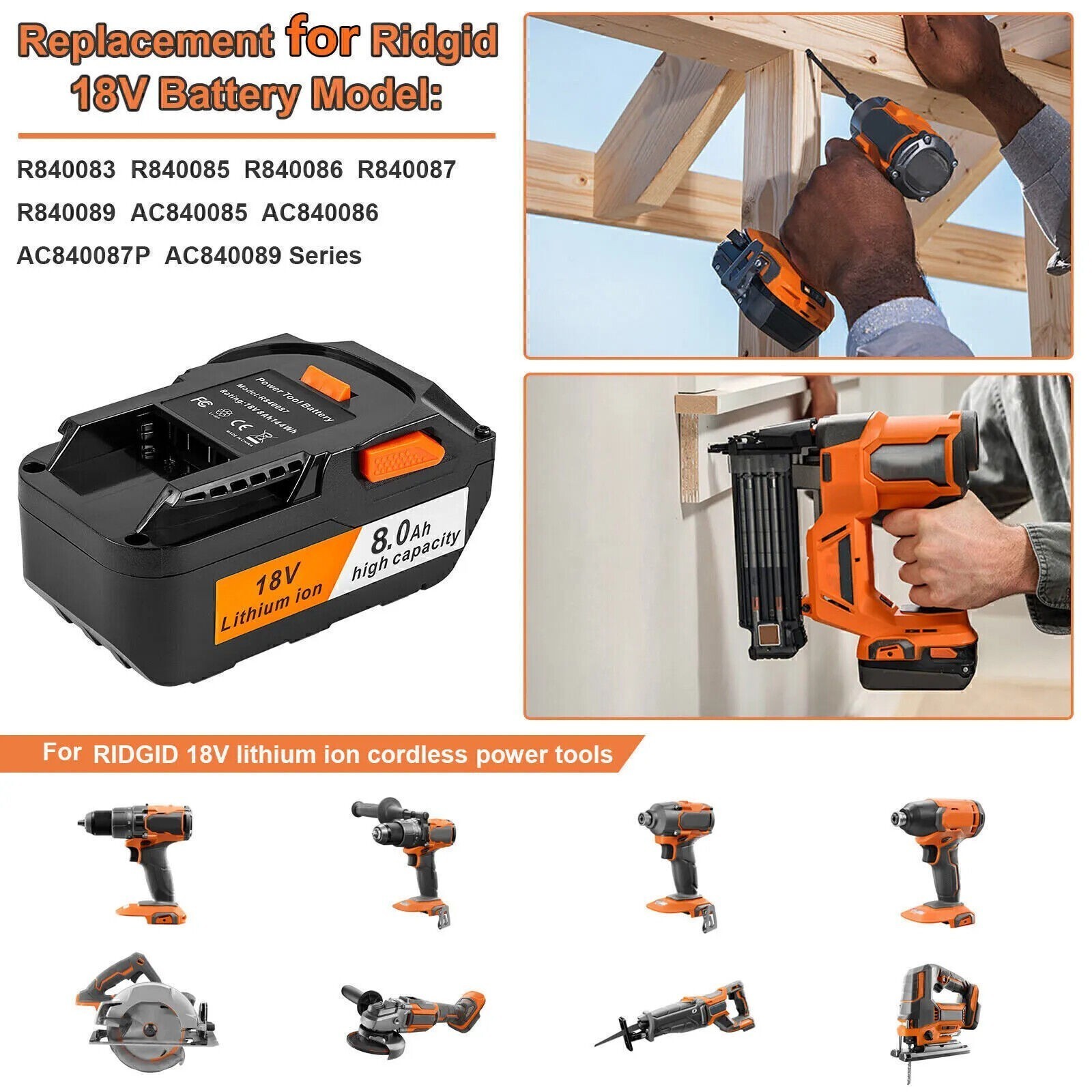 2 PACK For Ridgid 18V R840085 8.0Ah Lithium-ion Battery Rigid 18 Volt R840087