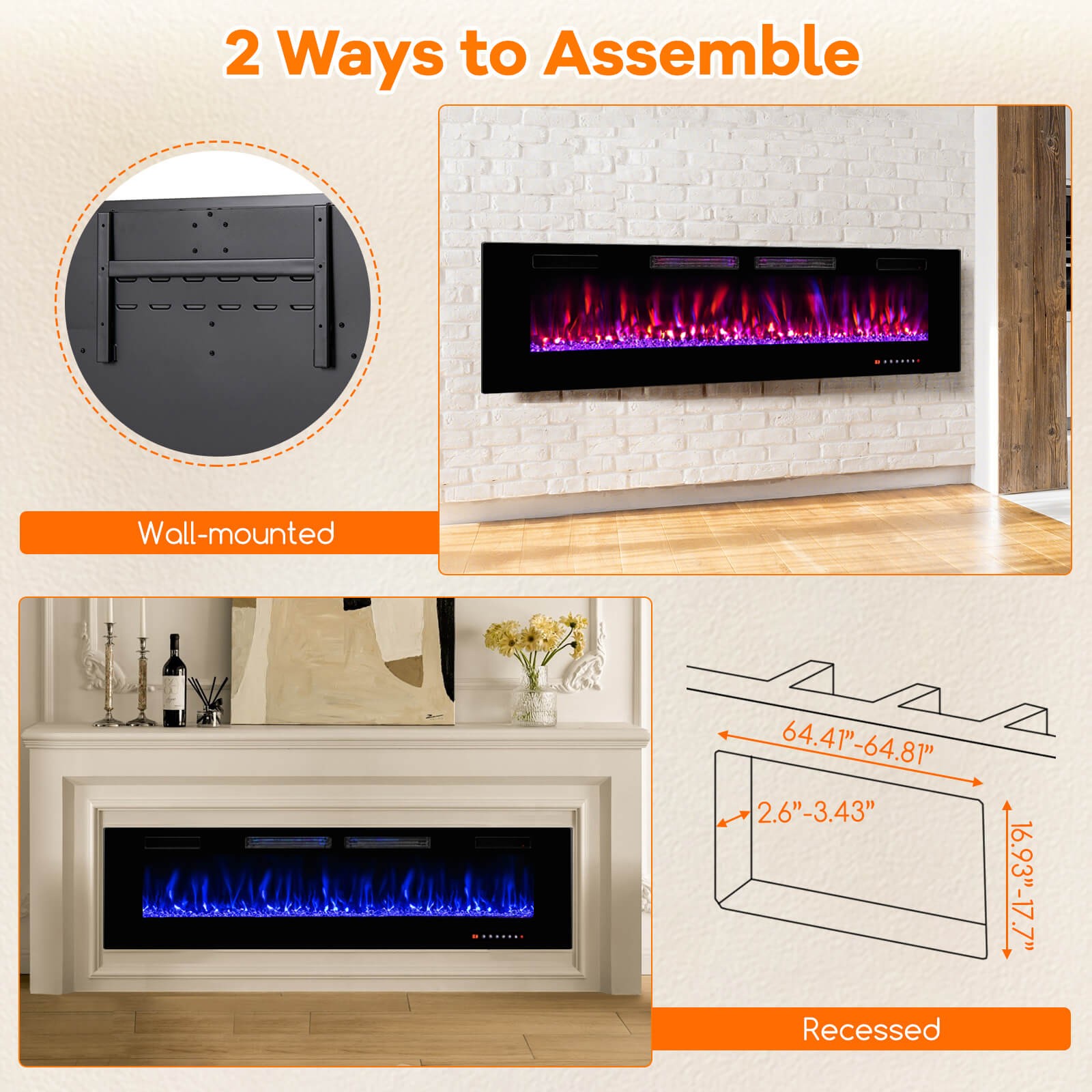 72 Inches Ultra-Thin Electric Fireplace Wall-Mounted & Recessed Fireplace Heater