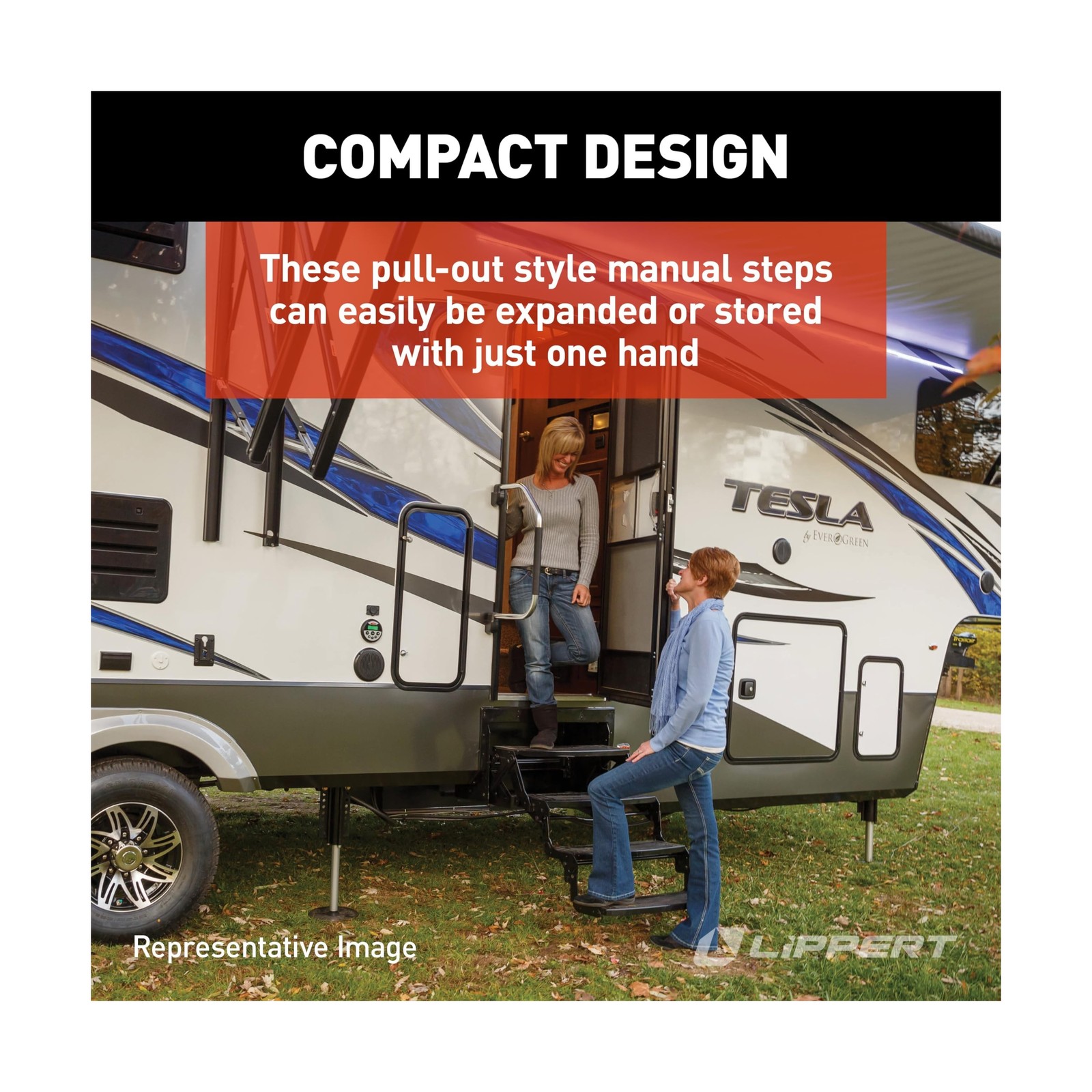 Lippert 24" Radius Triple Manual RV Steps, 9" Rise for 5th Wheel RVs, Travel ...