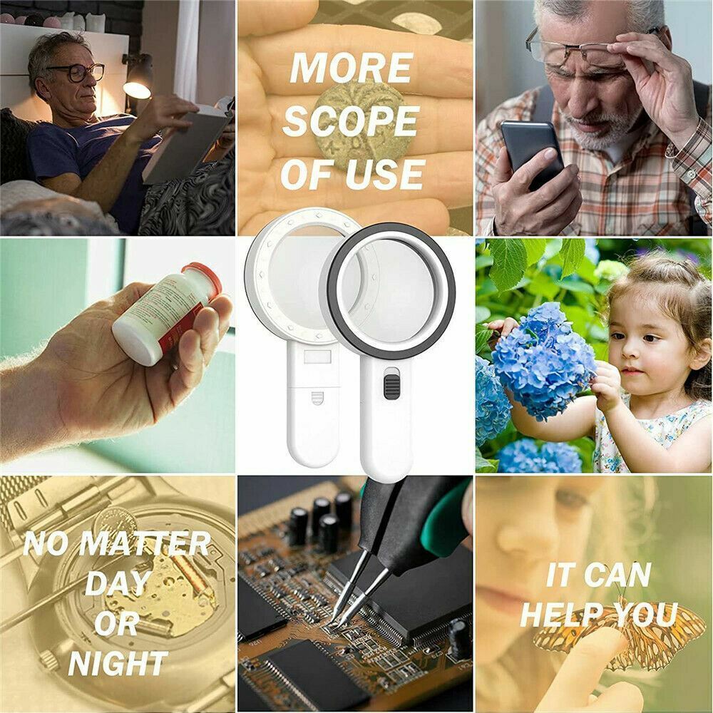 30X Jumbo Handheld Magnifying Glass w/ 12 Bright LED Light Illuminated Magnifier