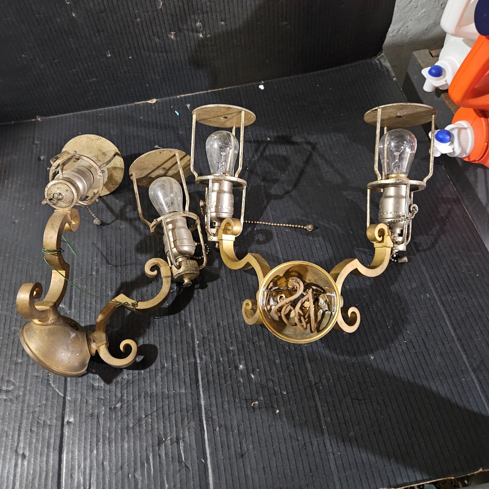 Rare Pair Antique Brass Nickle Sconces Handel Era Edwardian glass shade Hubbell