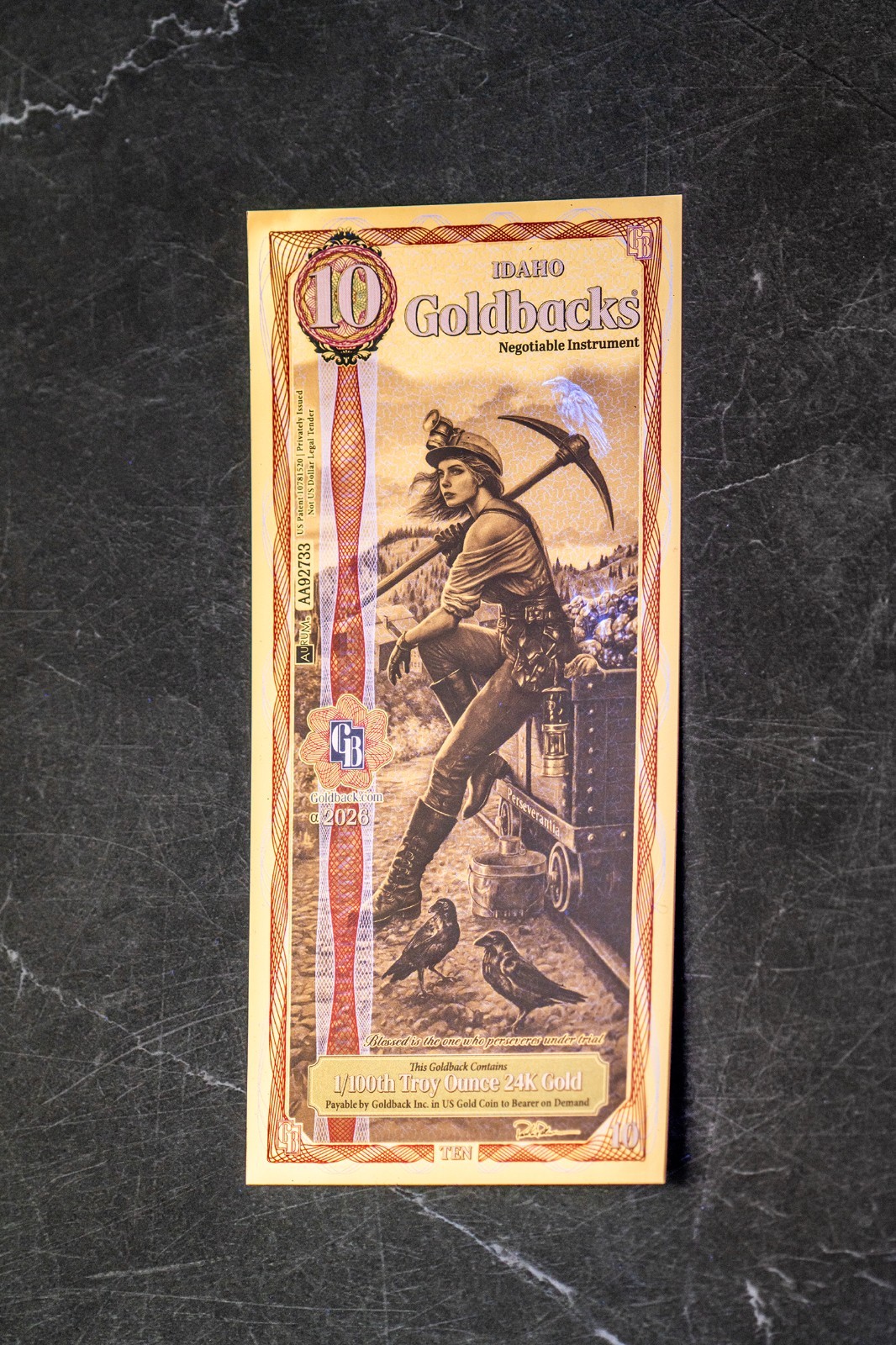 2026 - 10 IDAHO Goldback Aurum Gold Foil Note 1/100 oz 24kt .999 Fine PRESALE