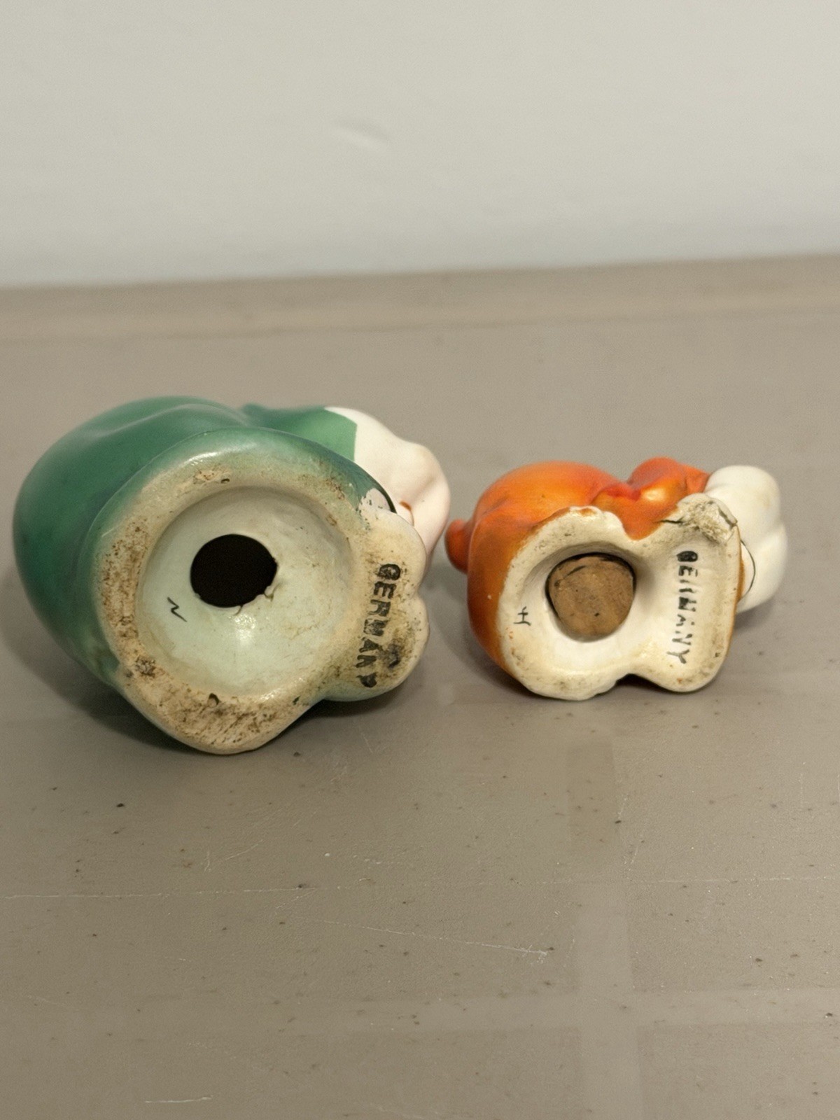 Antique Germany Bisque Green Cat And Orange Dog Salt & Pepper Shakers