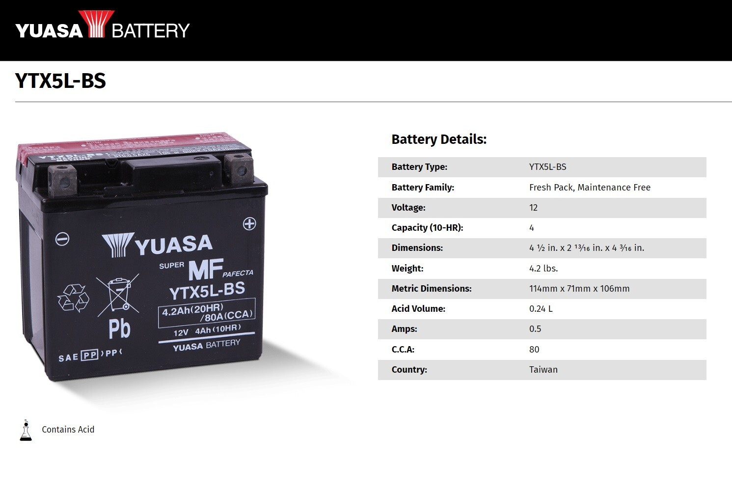 Yuasa YTX5L-BS Maintenance Free Powersport Battery for Motorcycle, Scooter& ATV