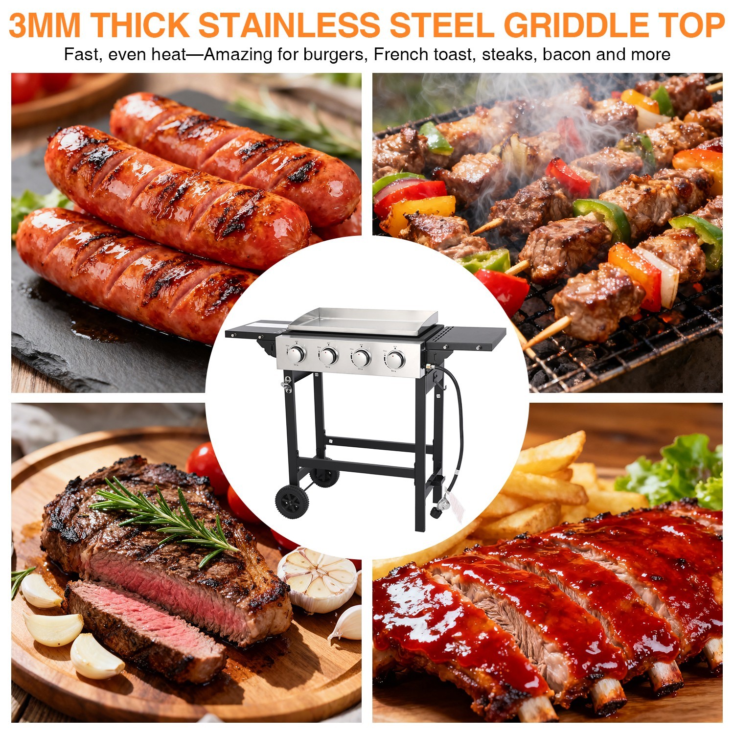 Propane Gas Griddle 4-Burner Flat Top Grill Griddle with Wheel Cover for Outdoor