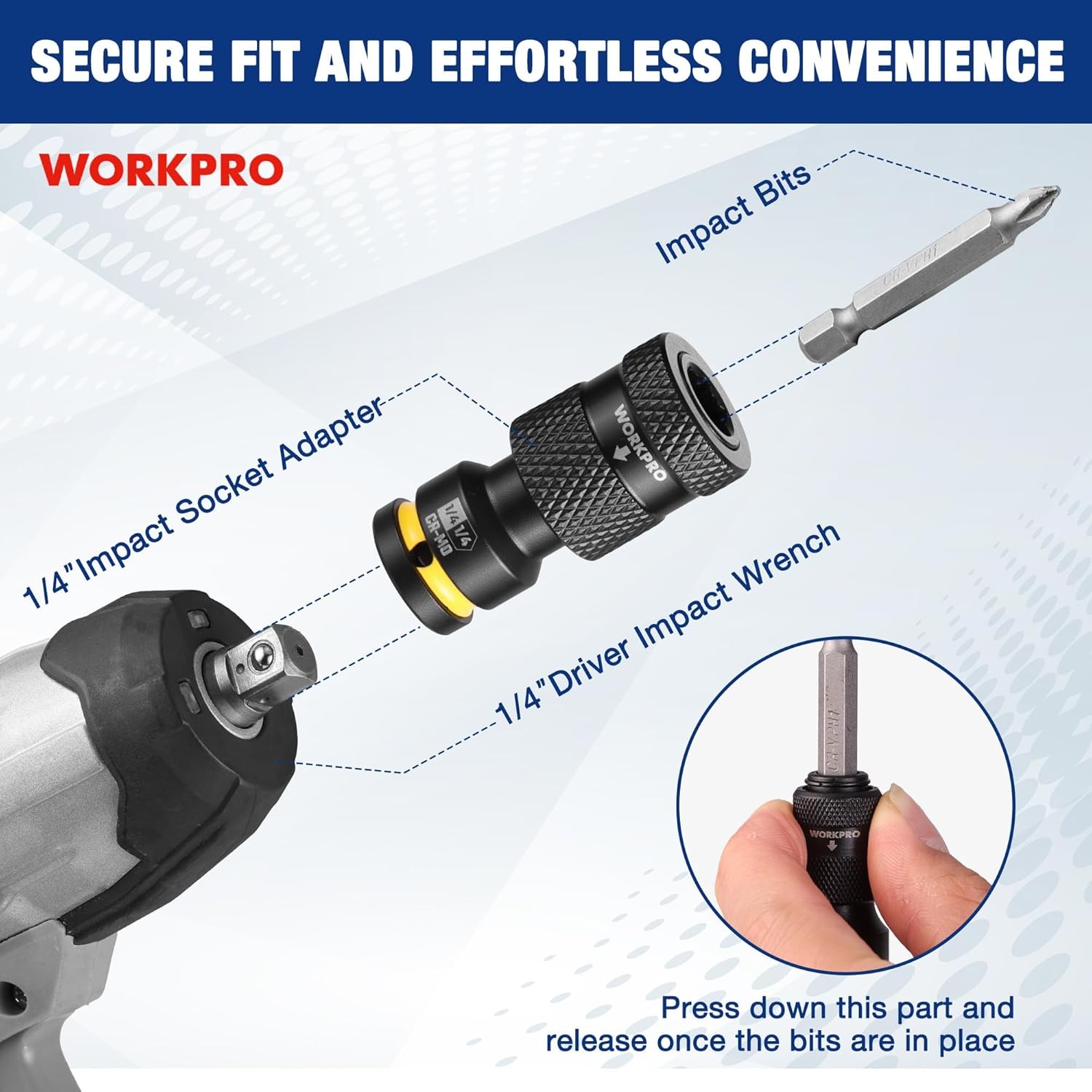 WORKPRO 1/4" Square to 1/4-in Hex Quick Release Impact Socket Adapter Bit Holder