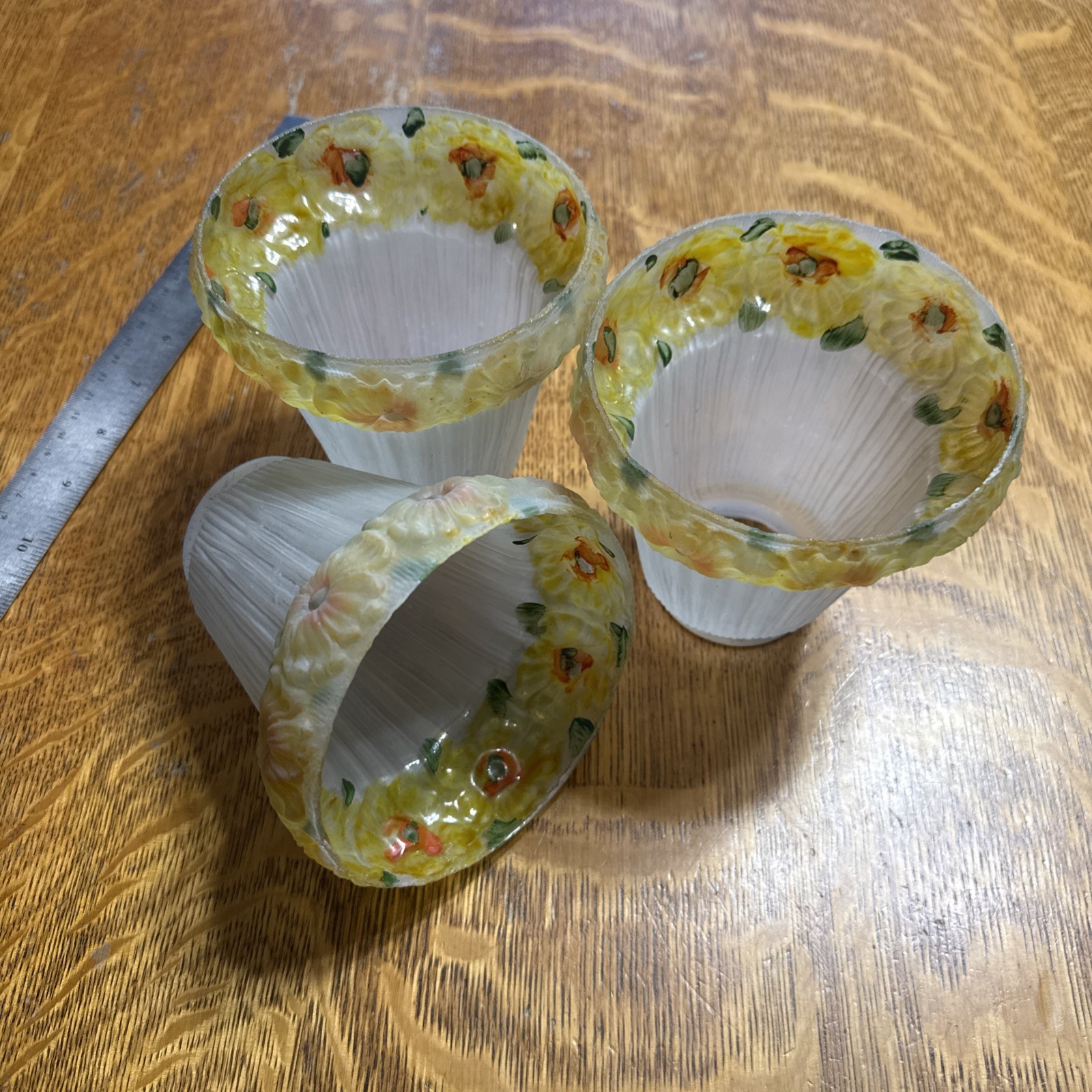 Antique Set 3 Reverse Painted Glass 4 5/8" Shades Yellow Flowers 2-1/4" Fitter