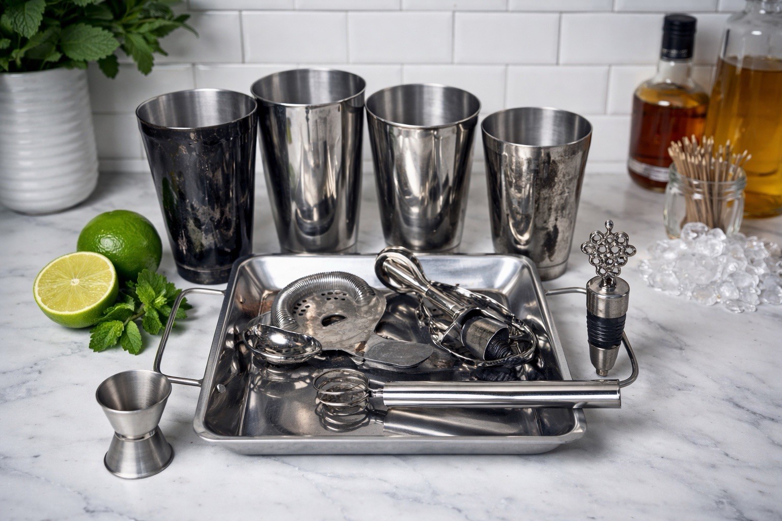 Stainless Steel Cocktail Shaker Set Bar Tools Lot Jigger Strainer Spoon