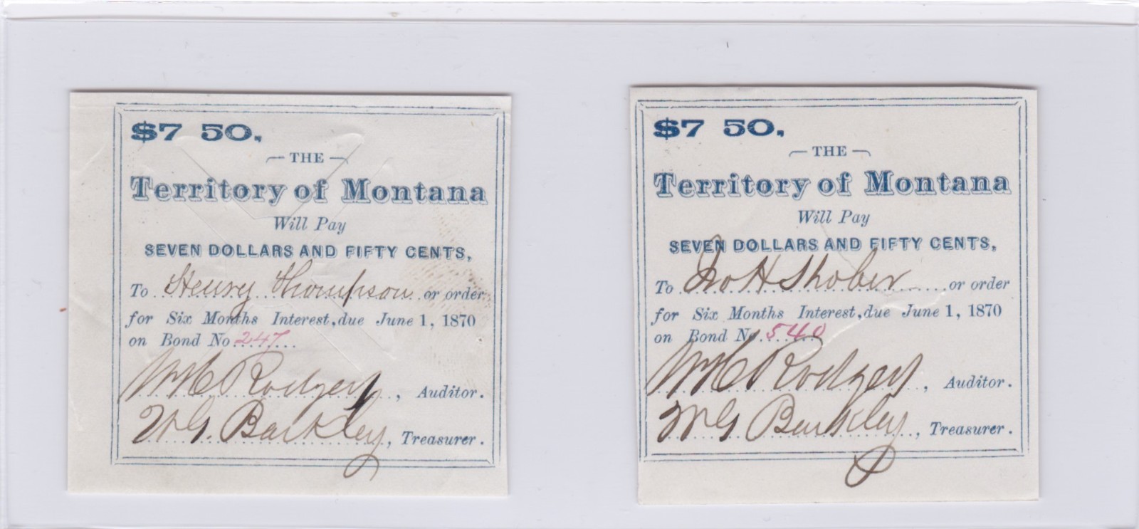 Montana Territory Bond Coupons Qty 6 1868-1871 $7.50