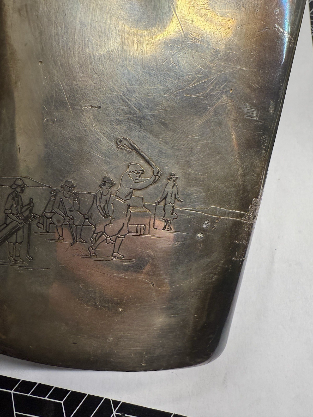 Dented / Damaged MERIDEN B SILVER PLATE Whiskey Flask - Golf Monogram