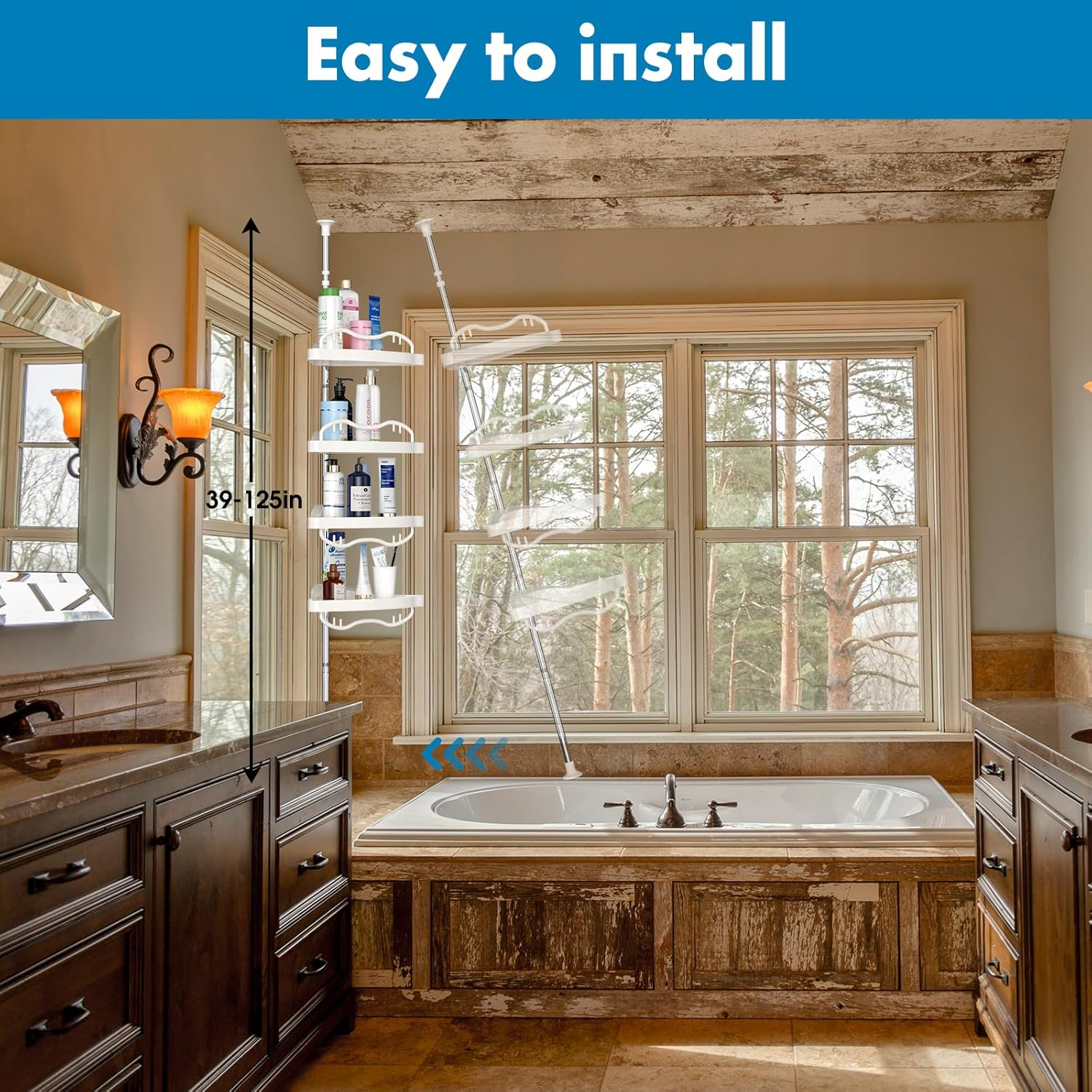 39"-125" high Tension Pole 4 Tier shower caddy shampoo soap Rack holder shelves