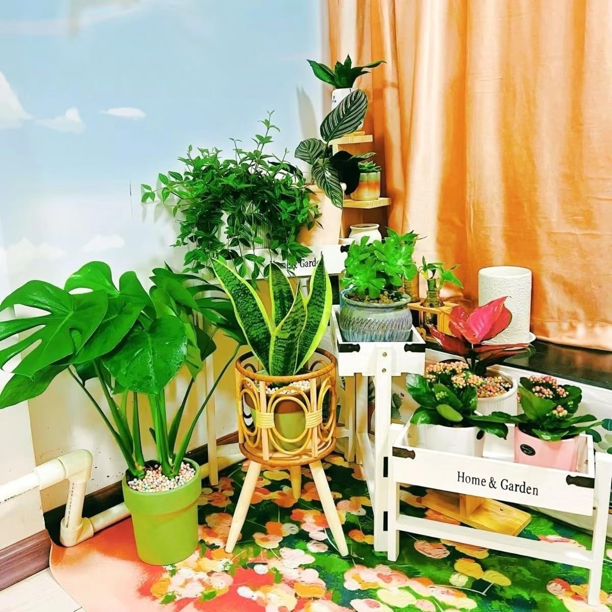 Boho Rattan Plant Stand Indoor Outdoor - 2 Rattan Wicker Planter Shelf for Mu...