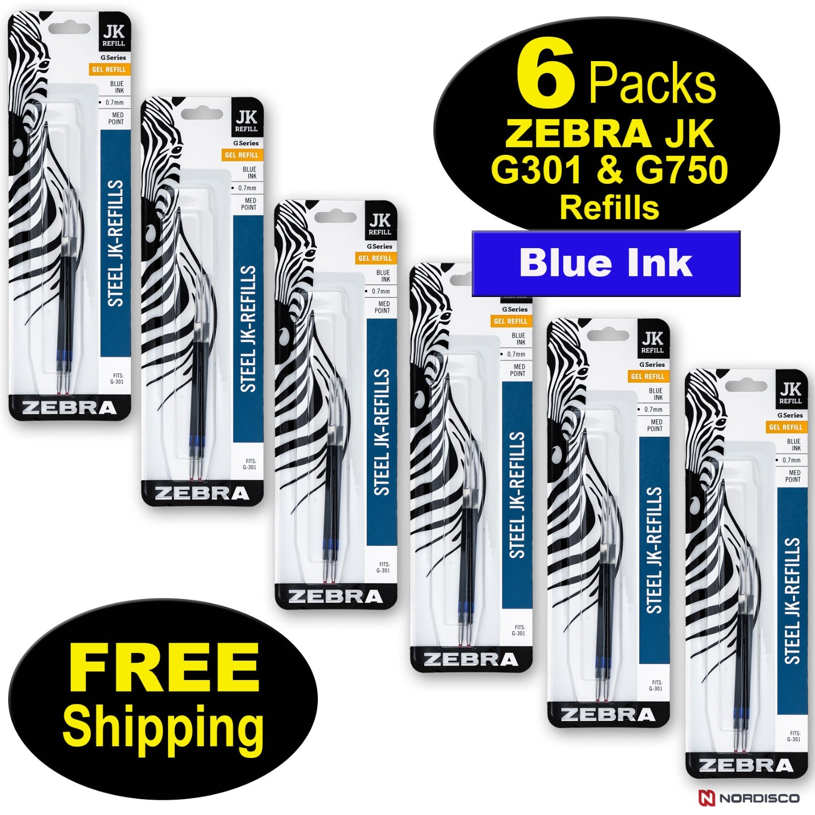 ZEBRA G301, G750 JK Refills 88122, Blue Gel Ink, 6 Packs, FREE Shipping
