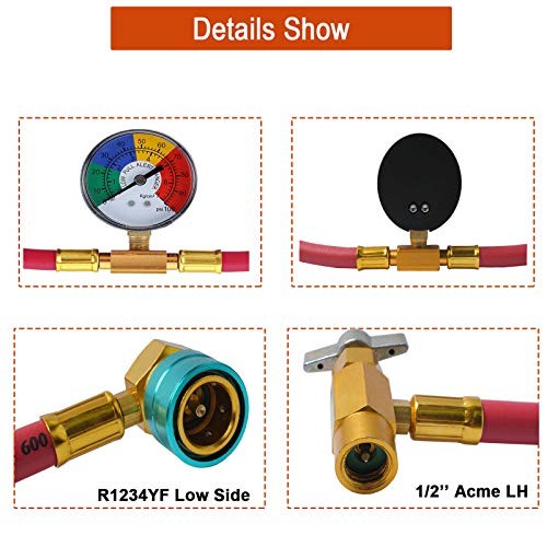 R1234YF U-Charge Hose with Gauge Set, 1234yf Recharge Kit with 1/2 LH Can