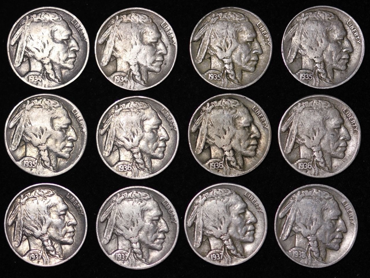 Short Set! ALL 12 Sharp Coins 1934 - 1938 P D S BUFFALO NICKELS 5c FREE SHIPPING